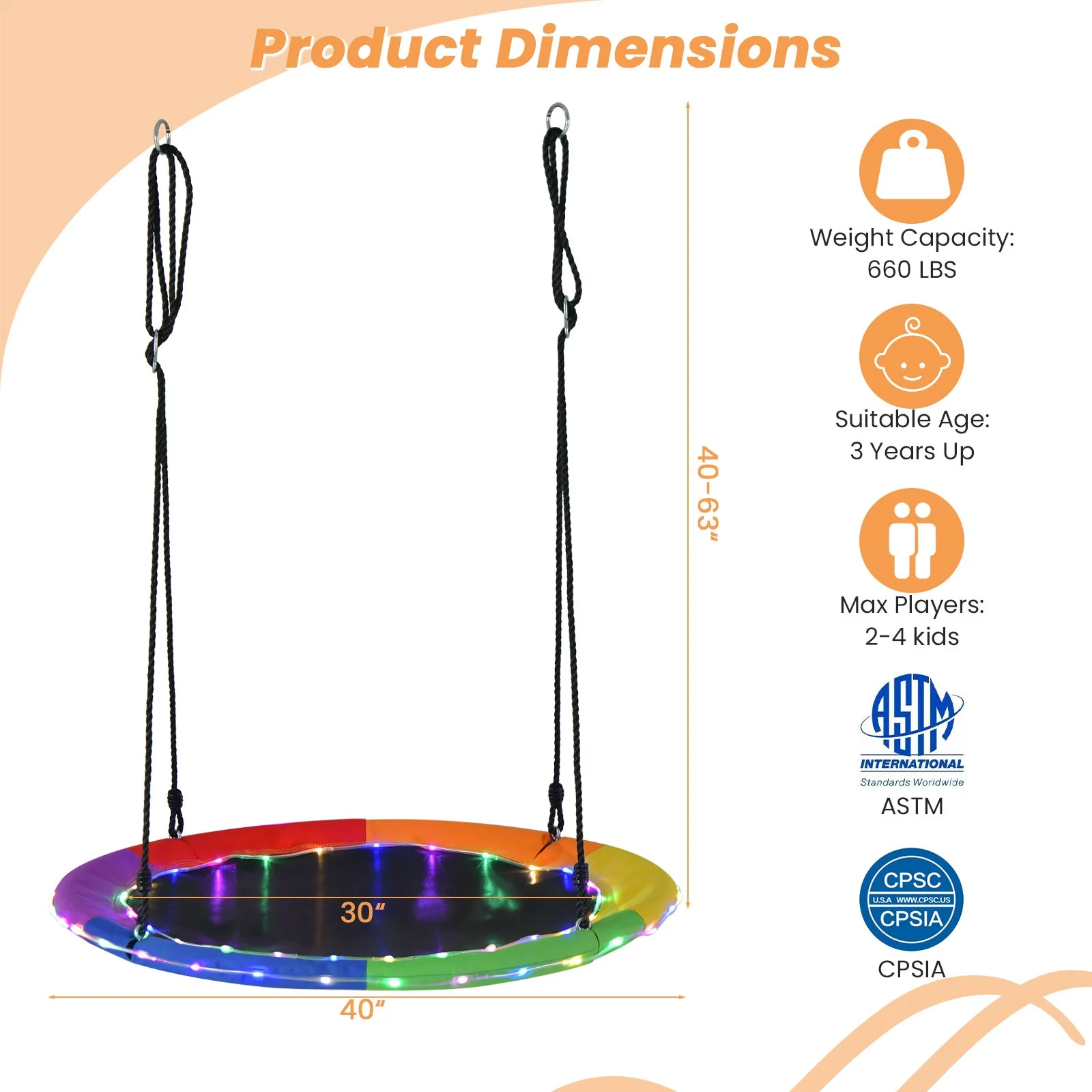 40 Inches Saucer Tree Swing Round with Lights for Kids and Adults-Multicolor - Image 4