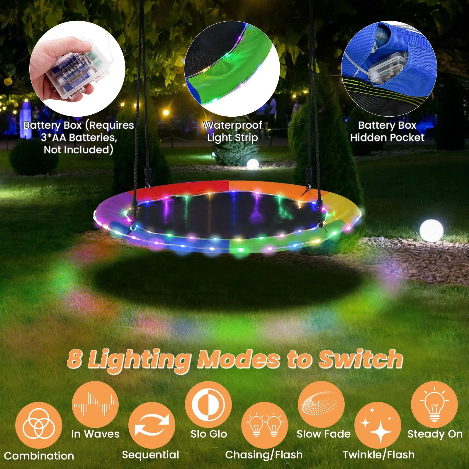 40 Inches Saucer Tree Swing Round with Lights for Kids and Adults-Multicolor - Image 8