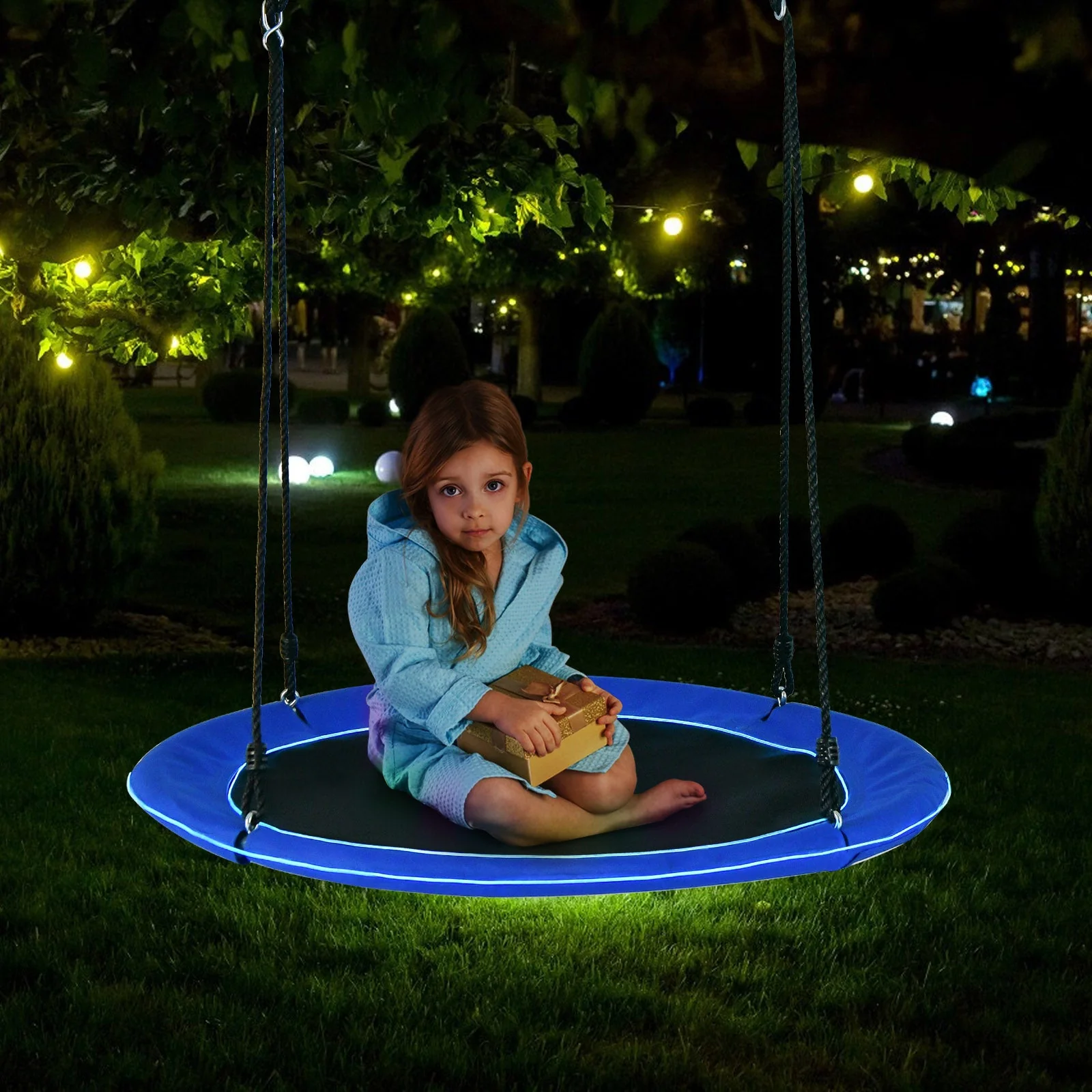 40 Inches Saucer Tree Swing Round with Lights for Kids and Adults-Navy - Image 2