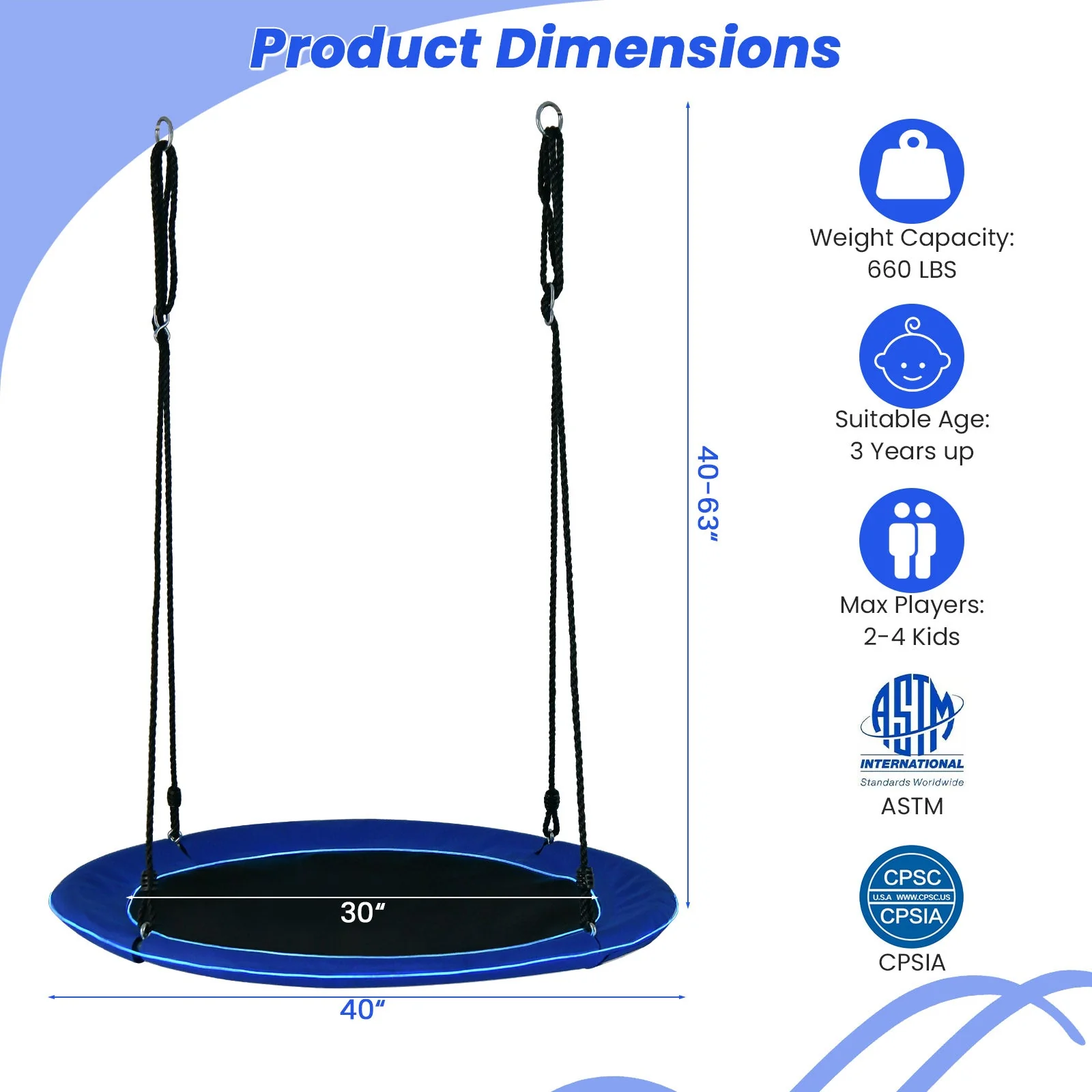 40 Inches Saucer Tree Swing Round with Lights for Kids and Adults-Navy - Image 4