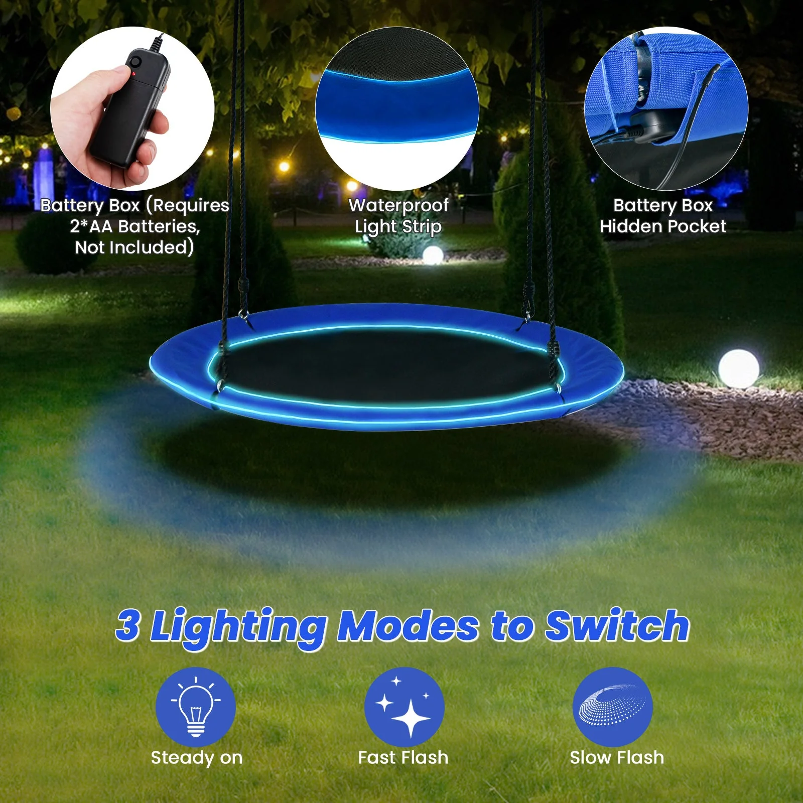 40 Inches Saucer Tree Swing Round with Lights for Kids and Adults-Navy - Image 8