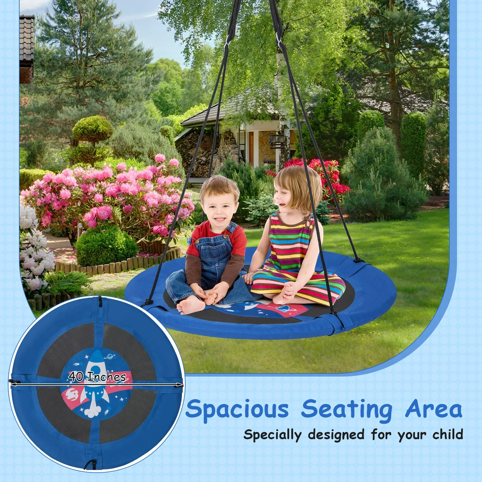 40 Inches Saucer Tree Swing with Adjustable Hanging Ropes and 900D Oxford Fabric-Rocket - Image 7