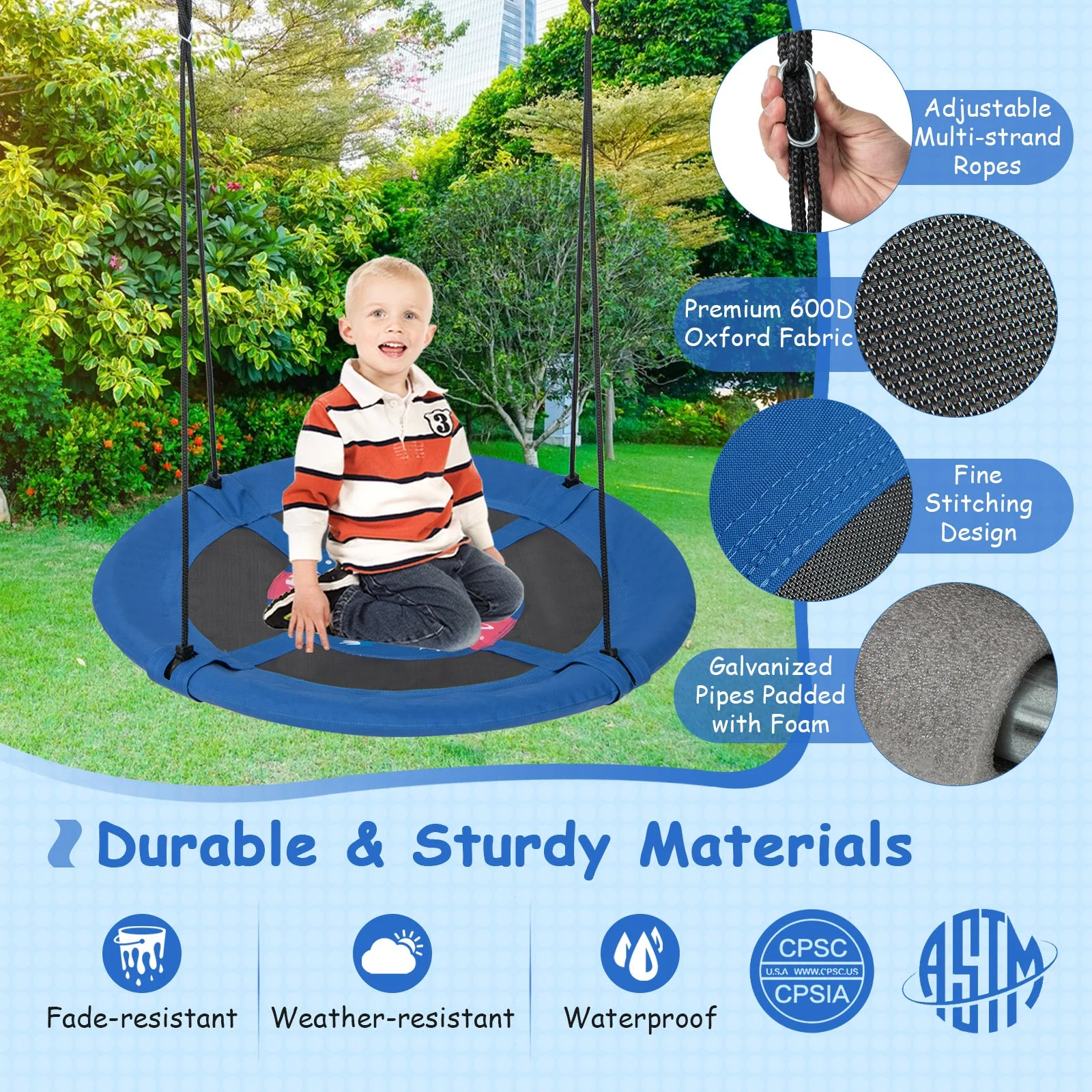 40 Inches Saucer Tree Swing with Adjustable Hanging Ropes and 900D Oxford Fabric-Rocket - Image 8