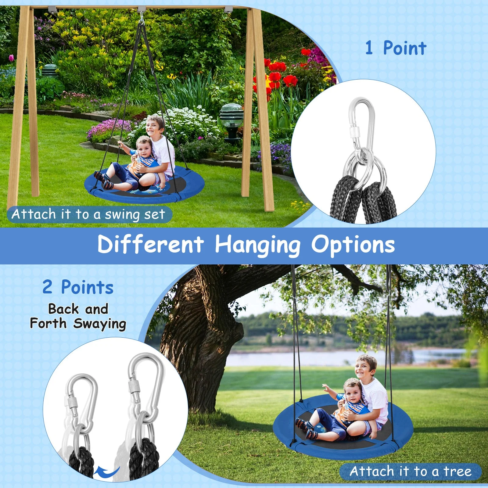 40 Inches Saucer Tree Swing with Adjustable Hanging Ropes and 900D Oxford Fabric-Whale - Image 6