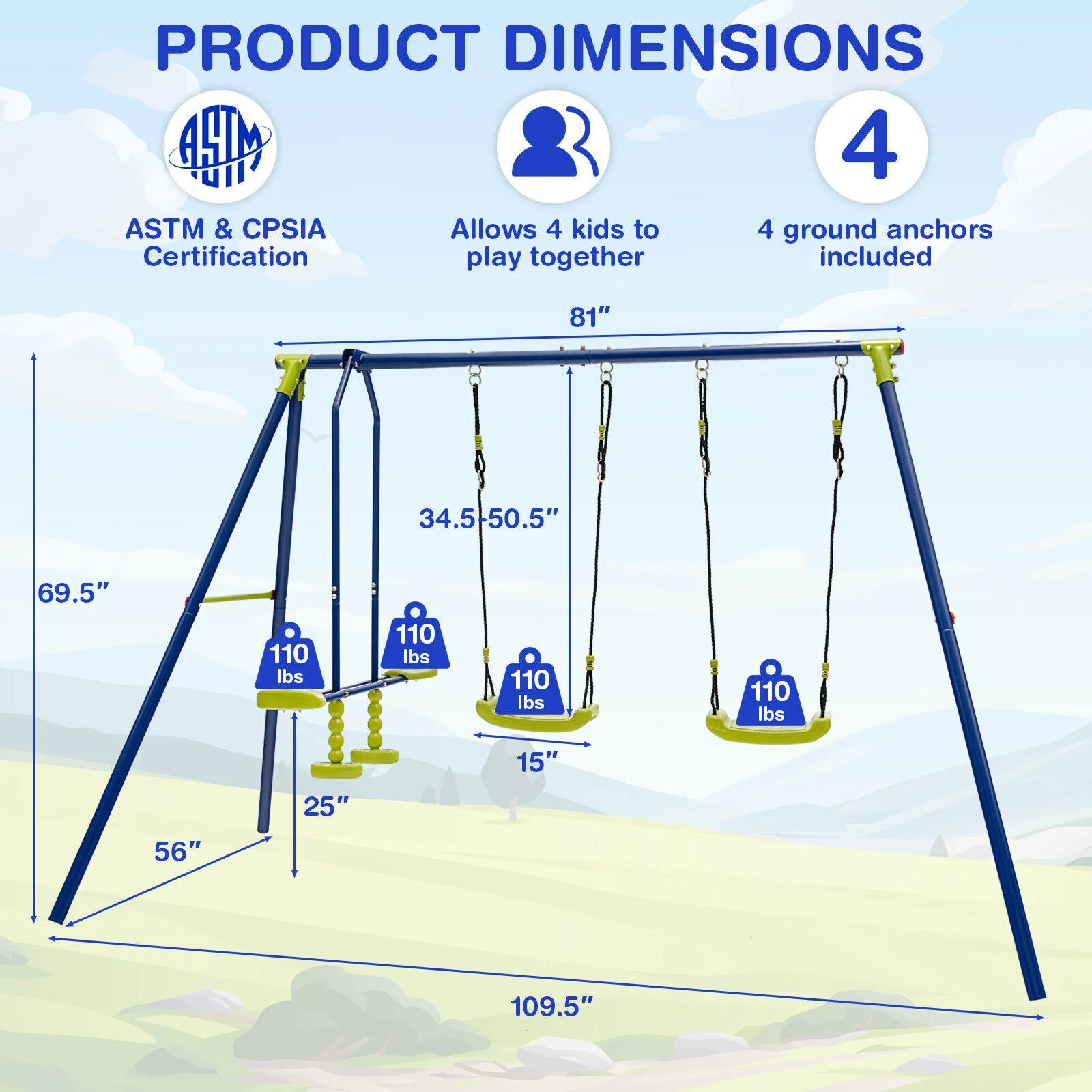 440 Pounds Kids Swing Set with Two Swings and One Glider - Image 4