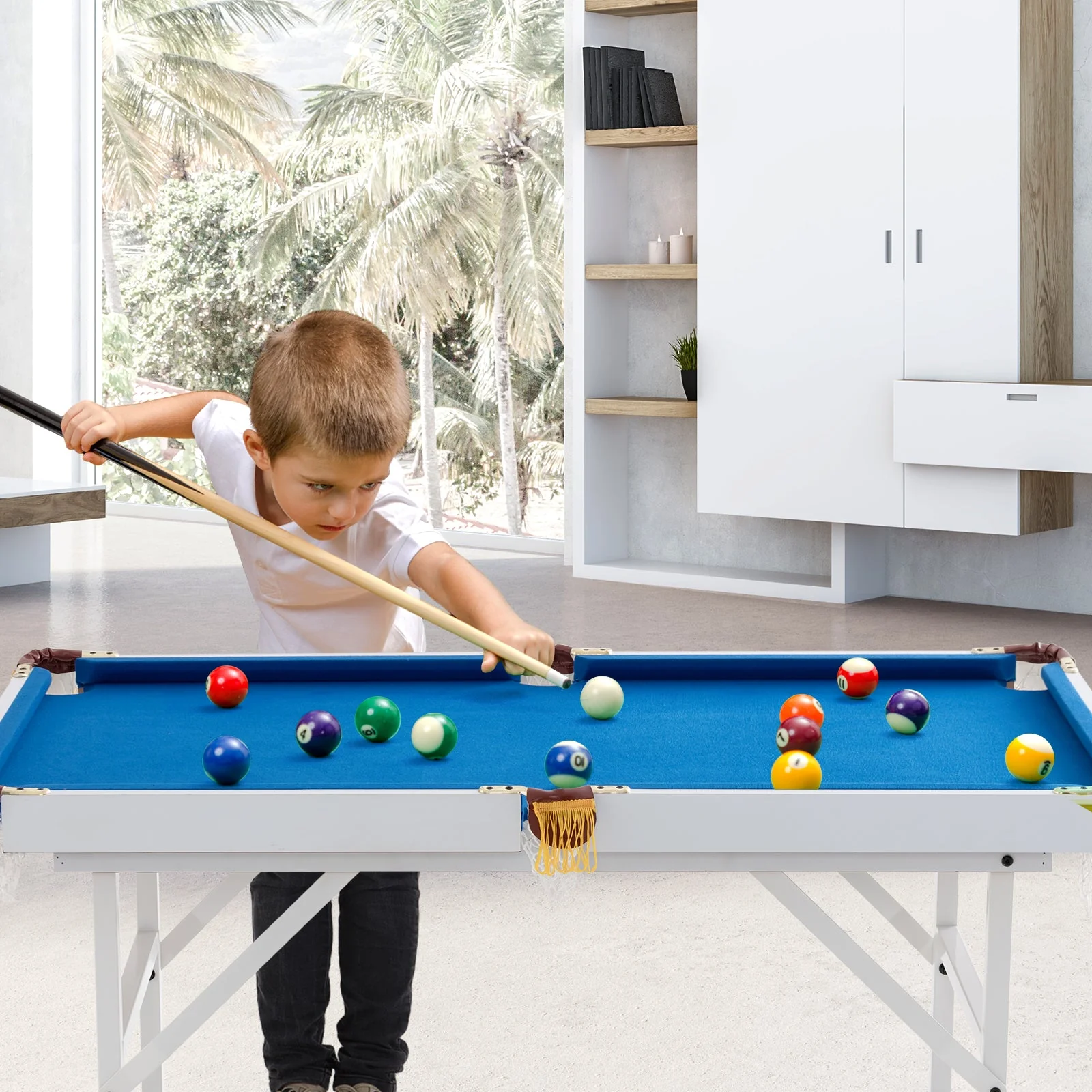 47 Inch Folding Billiard Table with Cues and Brush Chalk-Blue - Image 2