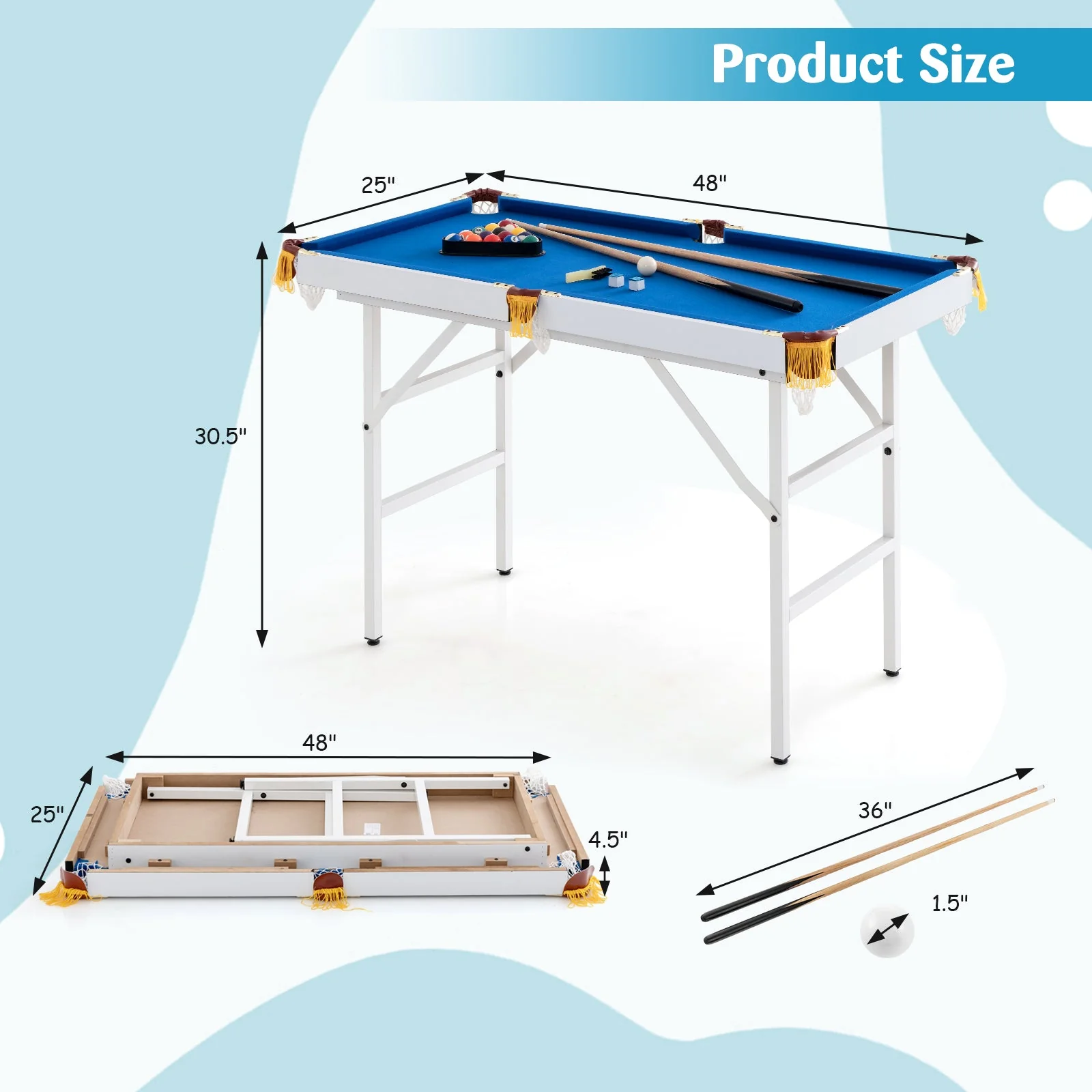 47 Inch Folding Billiard Table with Cues and Brush Chalk-Blue - Image 5