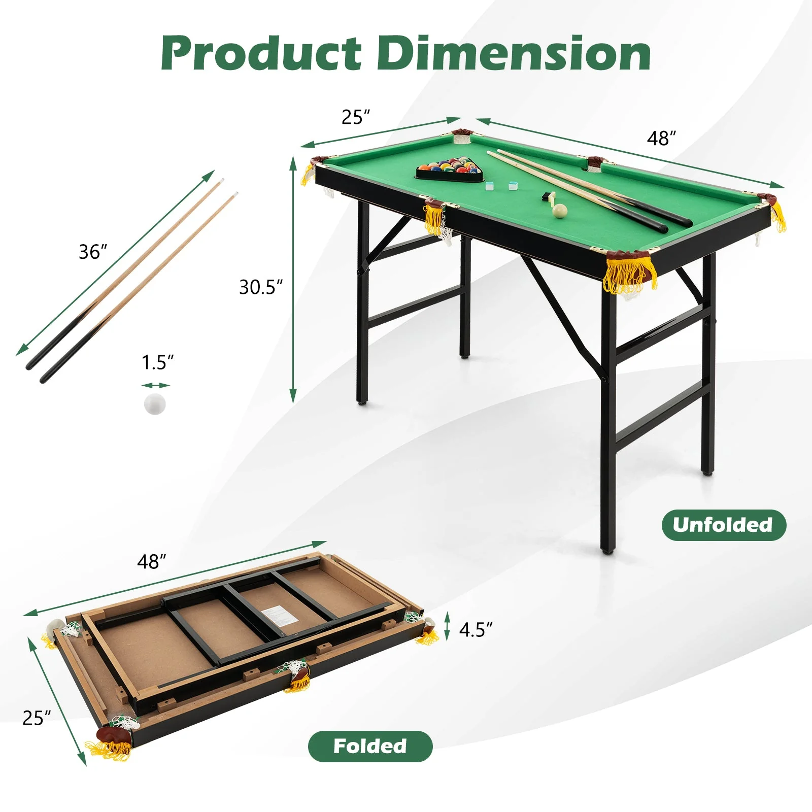 47 Inch Folding Billiard Table with Cues and Brush Chalk -Green - Image 5