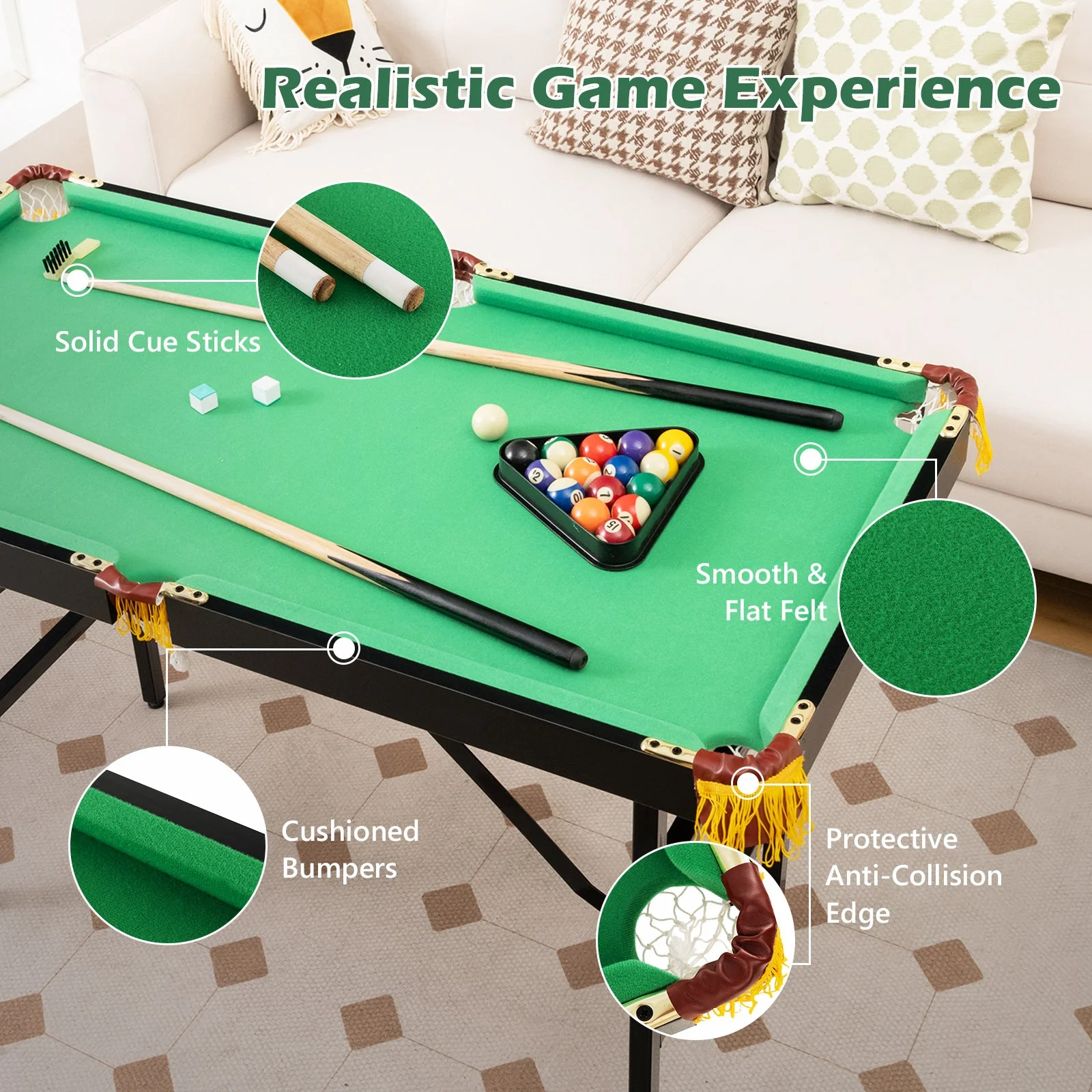 47 Inch Folding Billiard Table with Cues and Brush Chalk -Green - Image 6