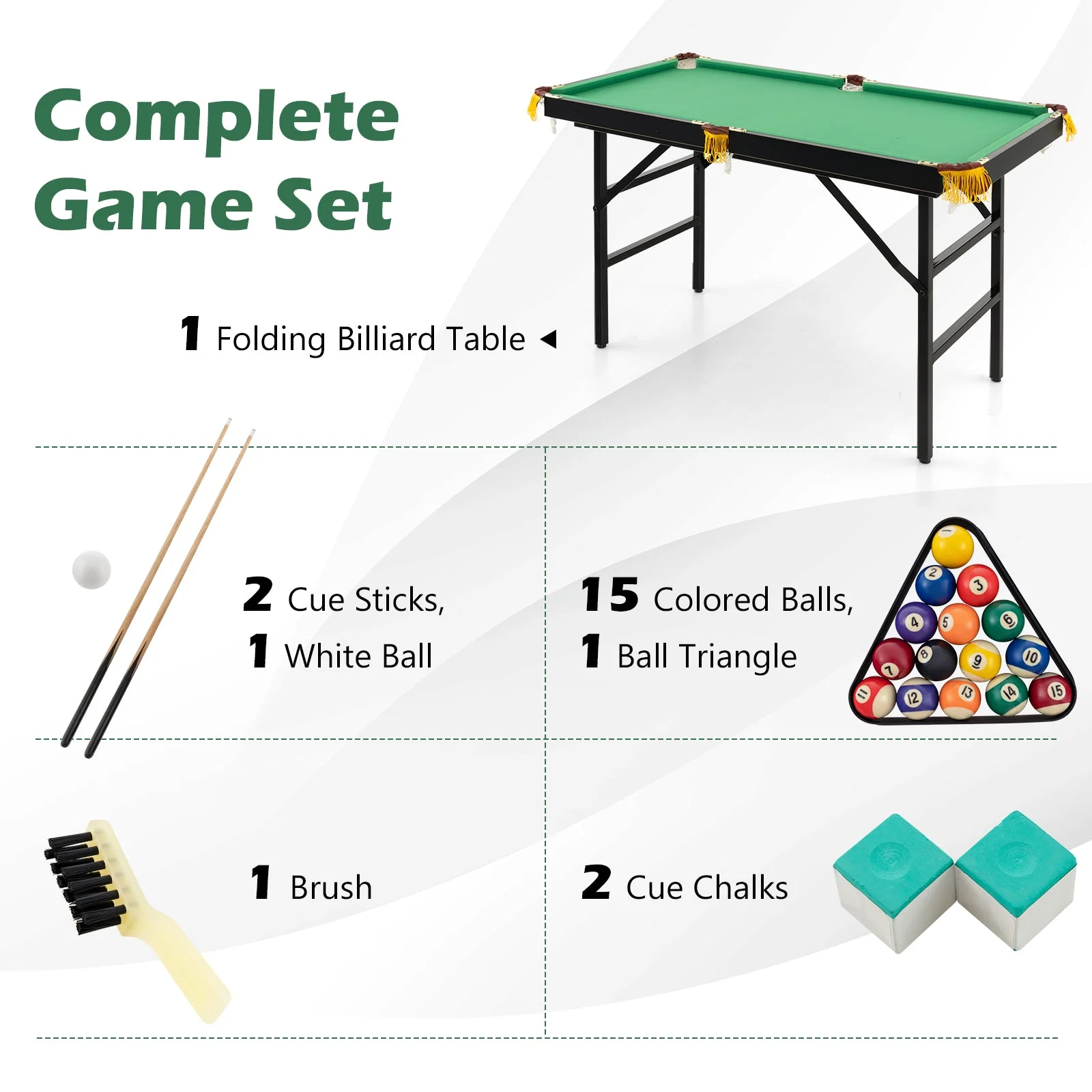 47 Inch Folding Billiard Table with Cues and Brush Chalk -Green - Image 8