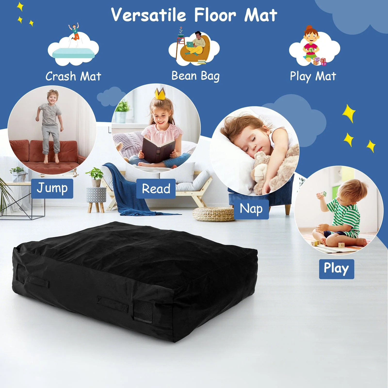 47 x 35.5 Inch Crash Pad Sensory Mat with Foam Blocks and Washable Cover-Black - Image 7
