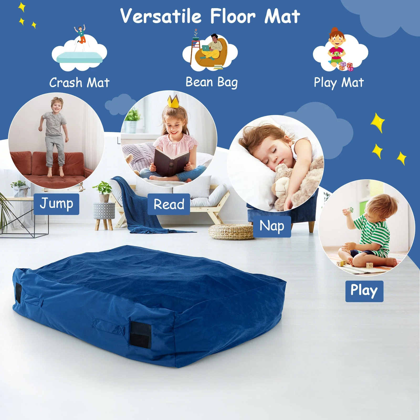47 x 35.5 Inch Crash Pad Sensory Mat with Foam Blocks and Washable Cover-Blue - Image 7