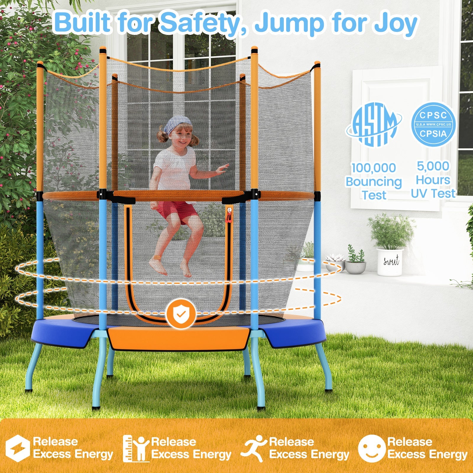 48 Inch Toddler Trampoline with Safety Enclosure Net-Orange - Image 3