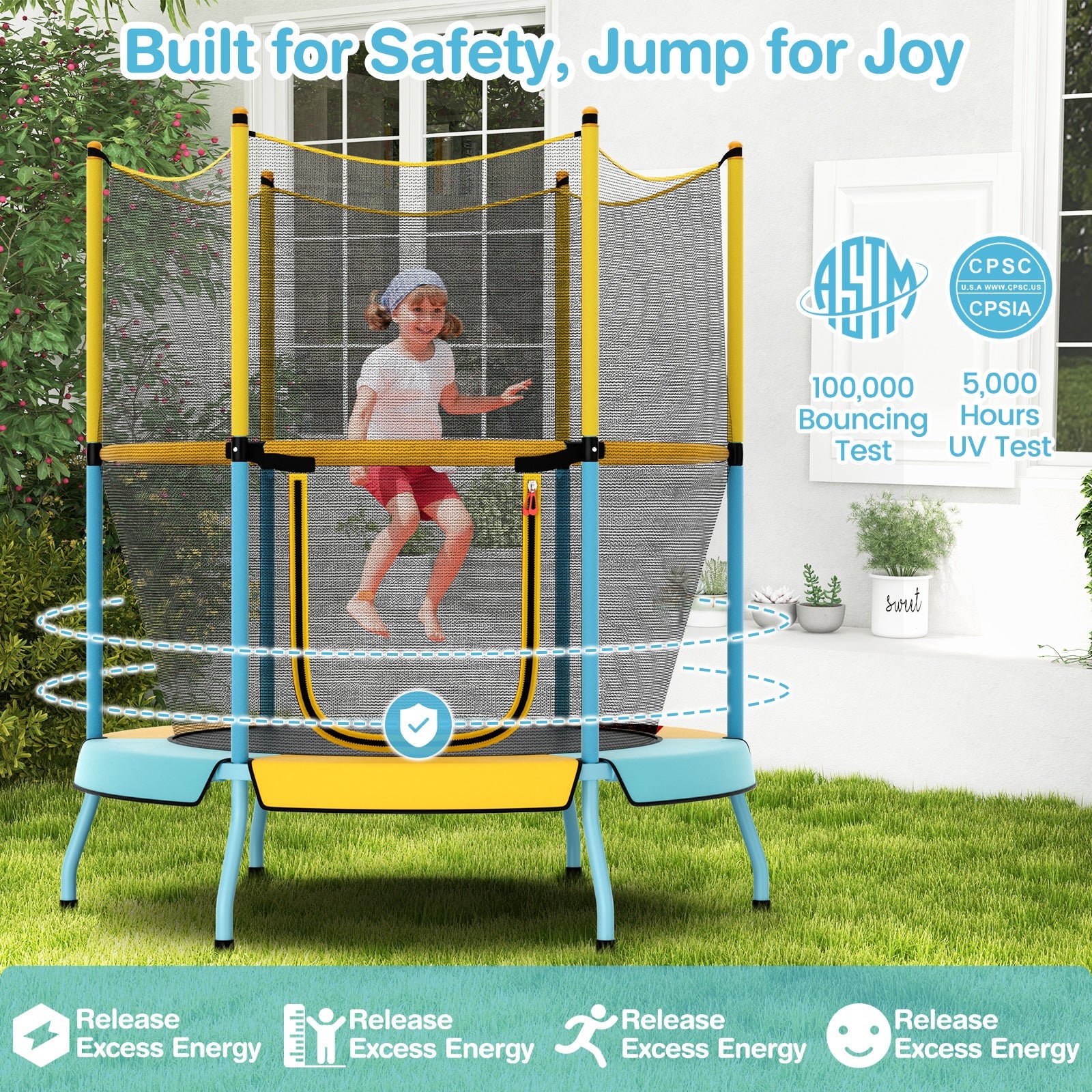 48 Inch Toddler Trampoline with Safety Enclosure Net-Yellow - Image 3