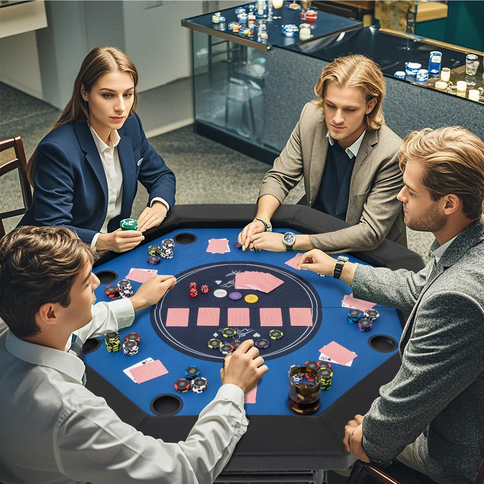 48 Inches Foldable Poker Table with Padded Rails and Cup Holders-Blue - Image 2