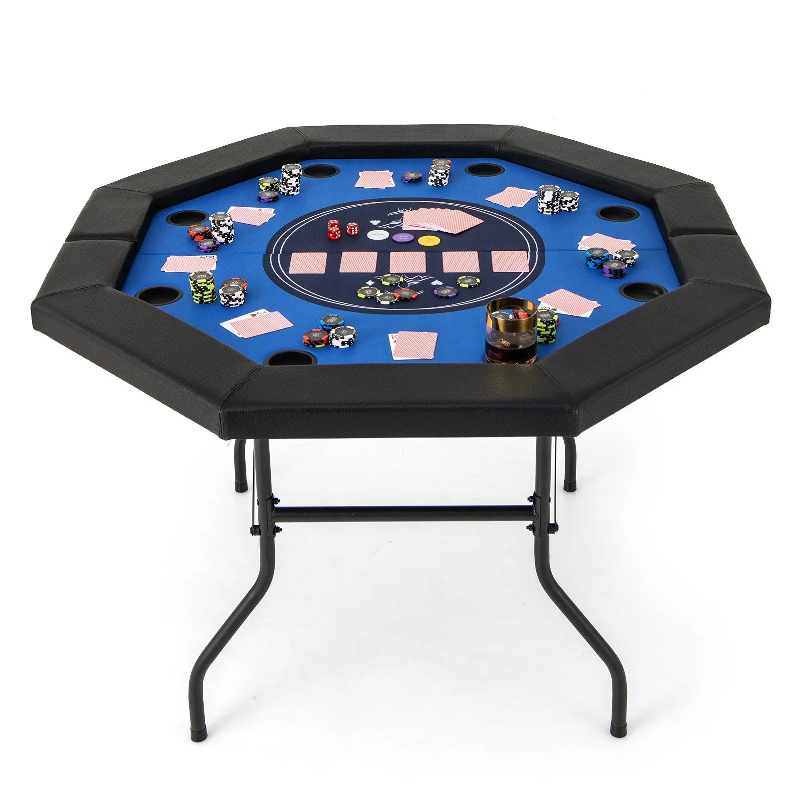 48 Inches Foldable Poker Table with Padded Rails and Cup Holders-Blue - Image 3