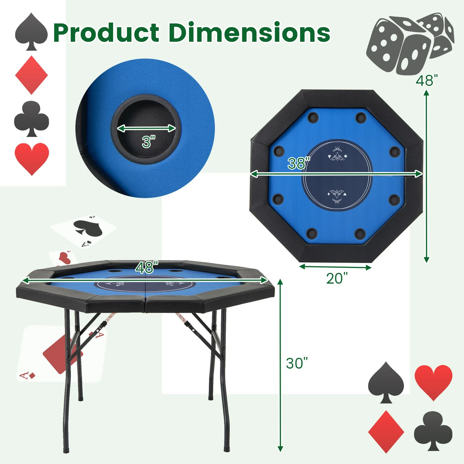 48 Inches Foldable Poker Table with Padded Rails and Cup Holders-Blue - Image 4