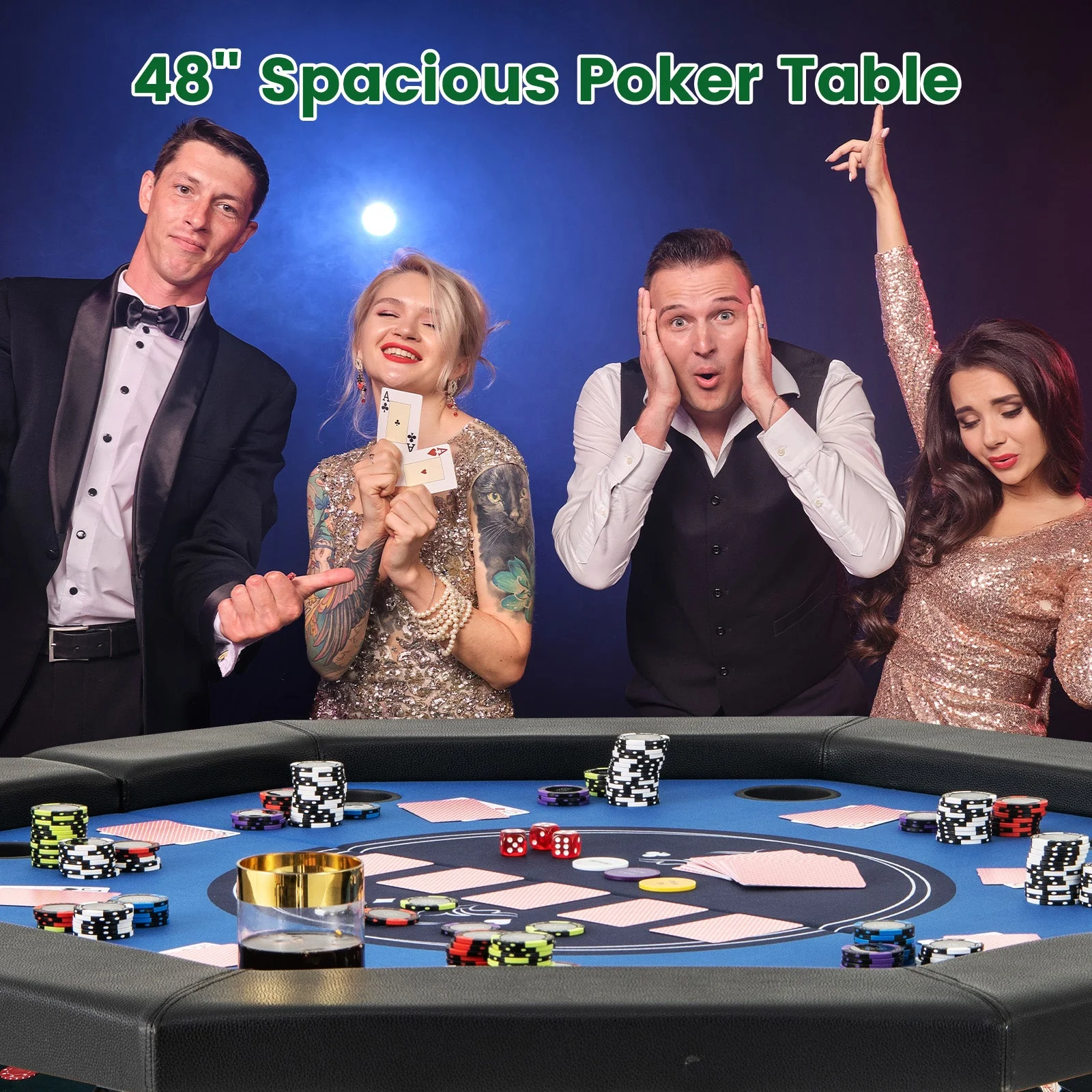 48 Inches Foldable Poker Table with Padded Rails and Cup Holders-Blue - Image 5