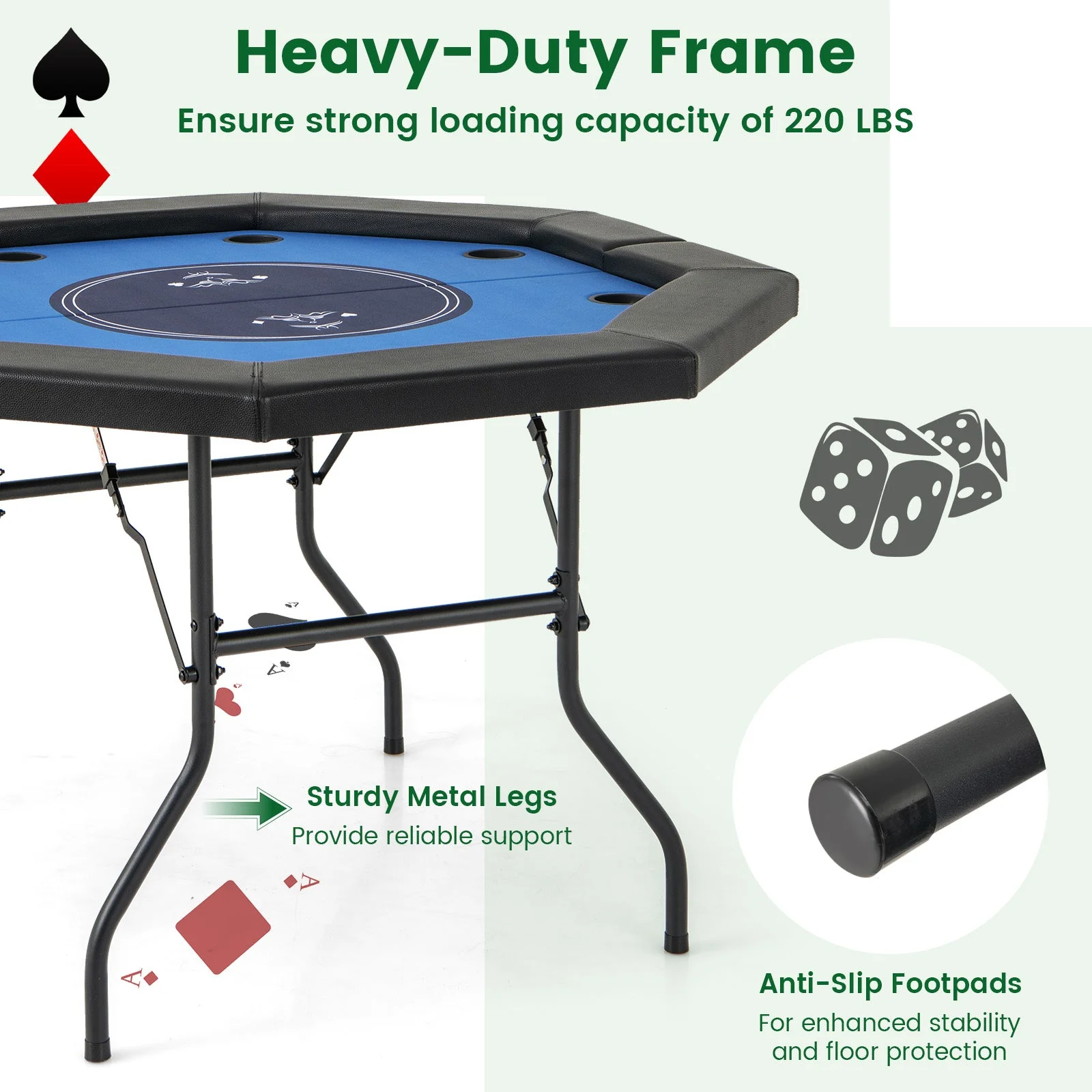 48 Inches Foldable Poker Table with Padded Rails and Cup Holders-Blue - Image 6