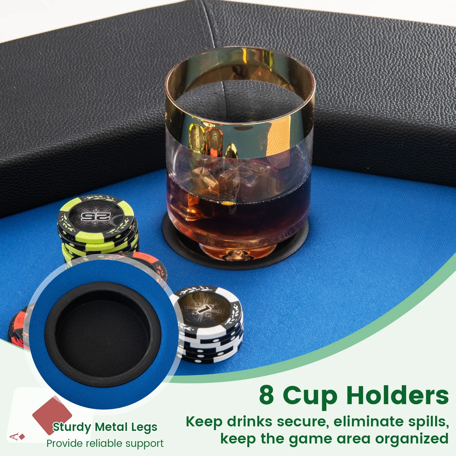 48 Inches Foldable Poker Table with Padded Rails and Cup Holders-Blue - Image 7