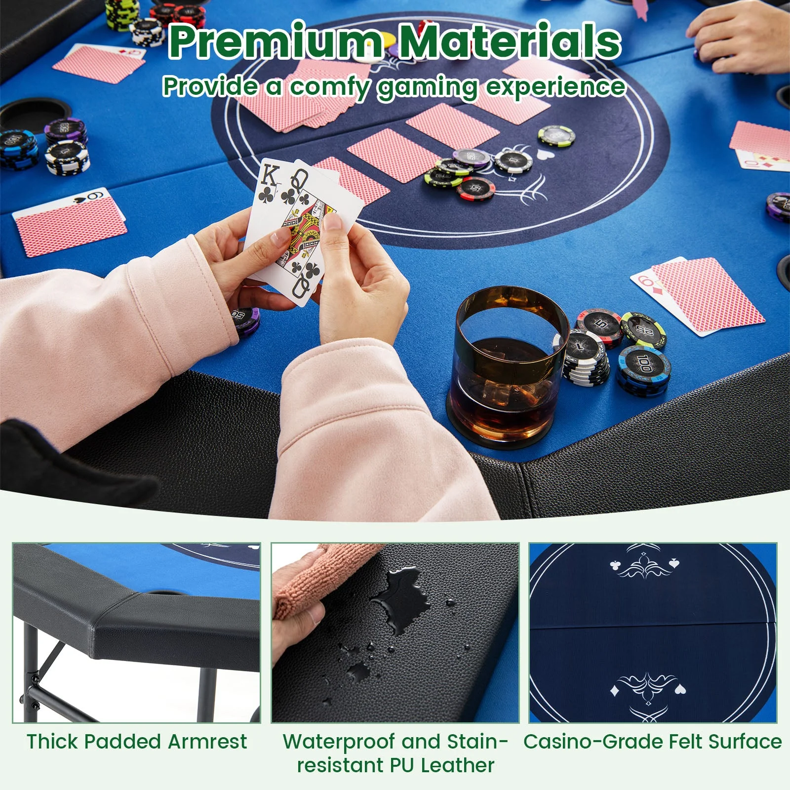 48 Inches Foldable Poker Table with Padded Rails and Cup Holders-Blue - Image 8