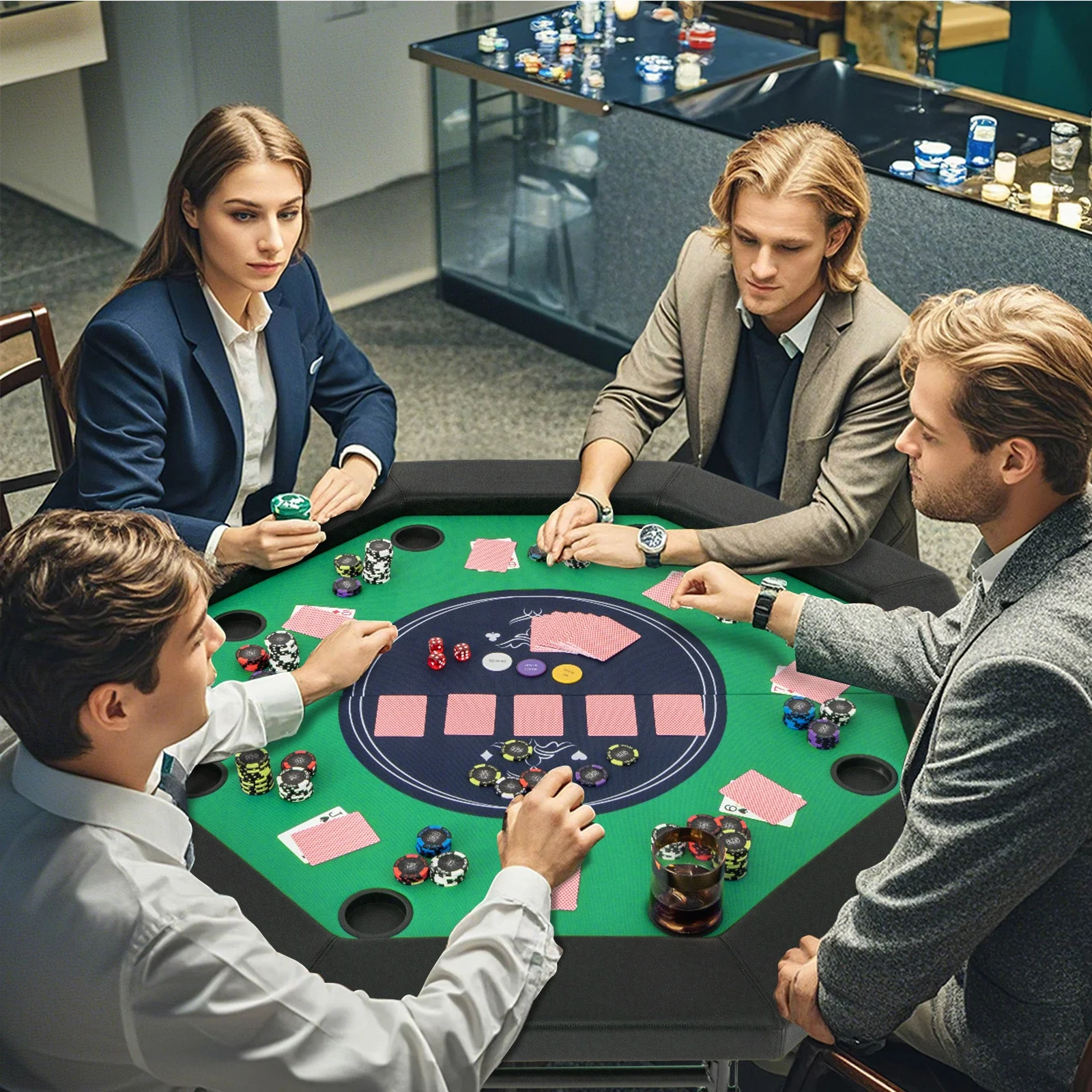 48 Inches Foldable Poker Table with Padded Rails and Cup Holders-Green - Image 2