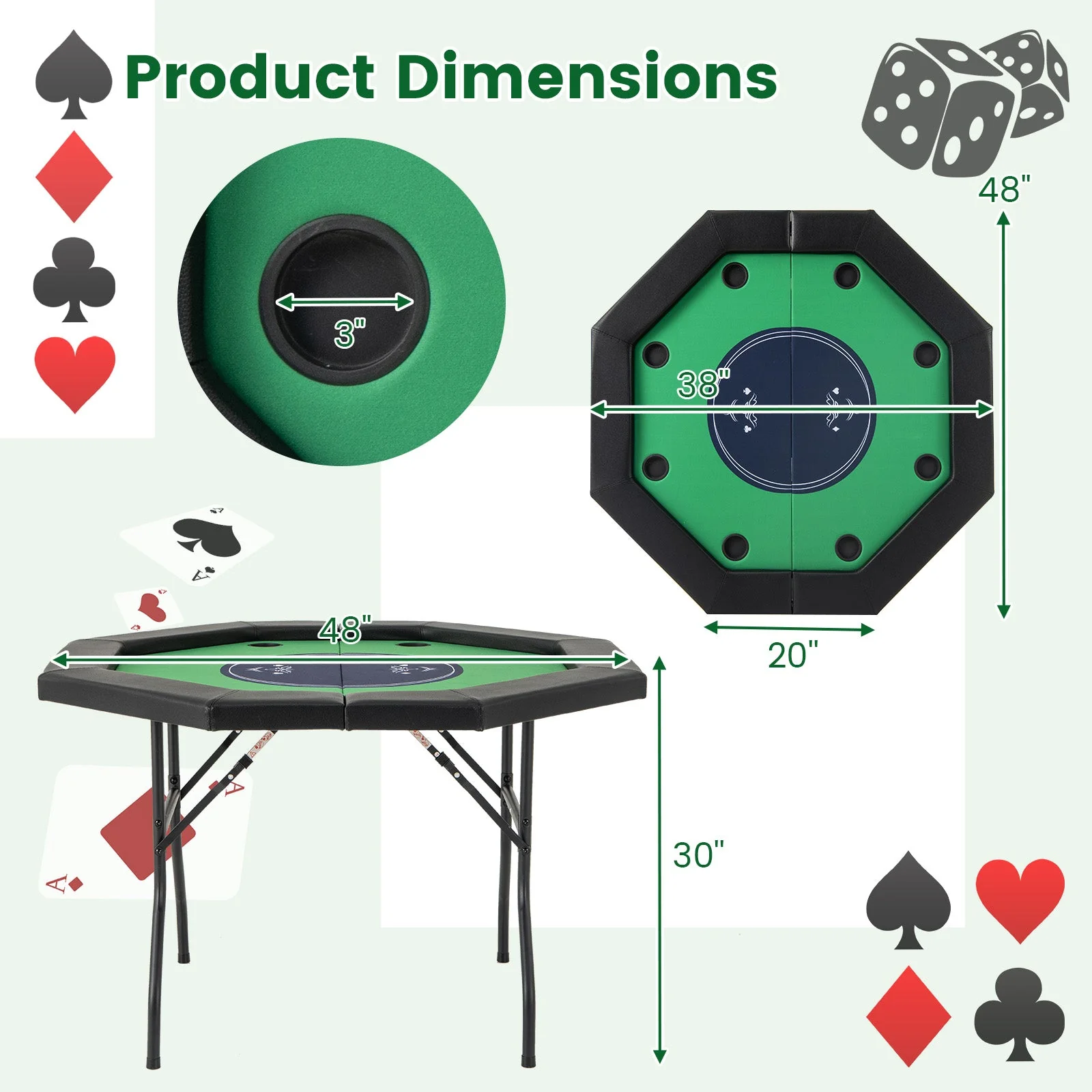 48 Inches Foldable Poker Table with Padded Rails and Cup Holders-Green - Image 4