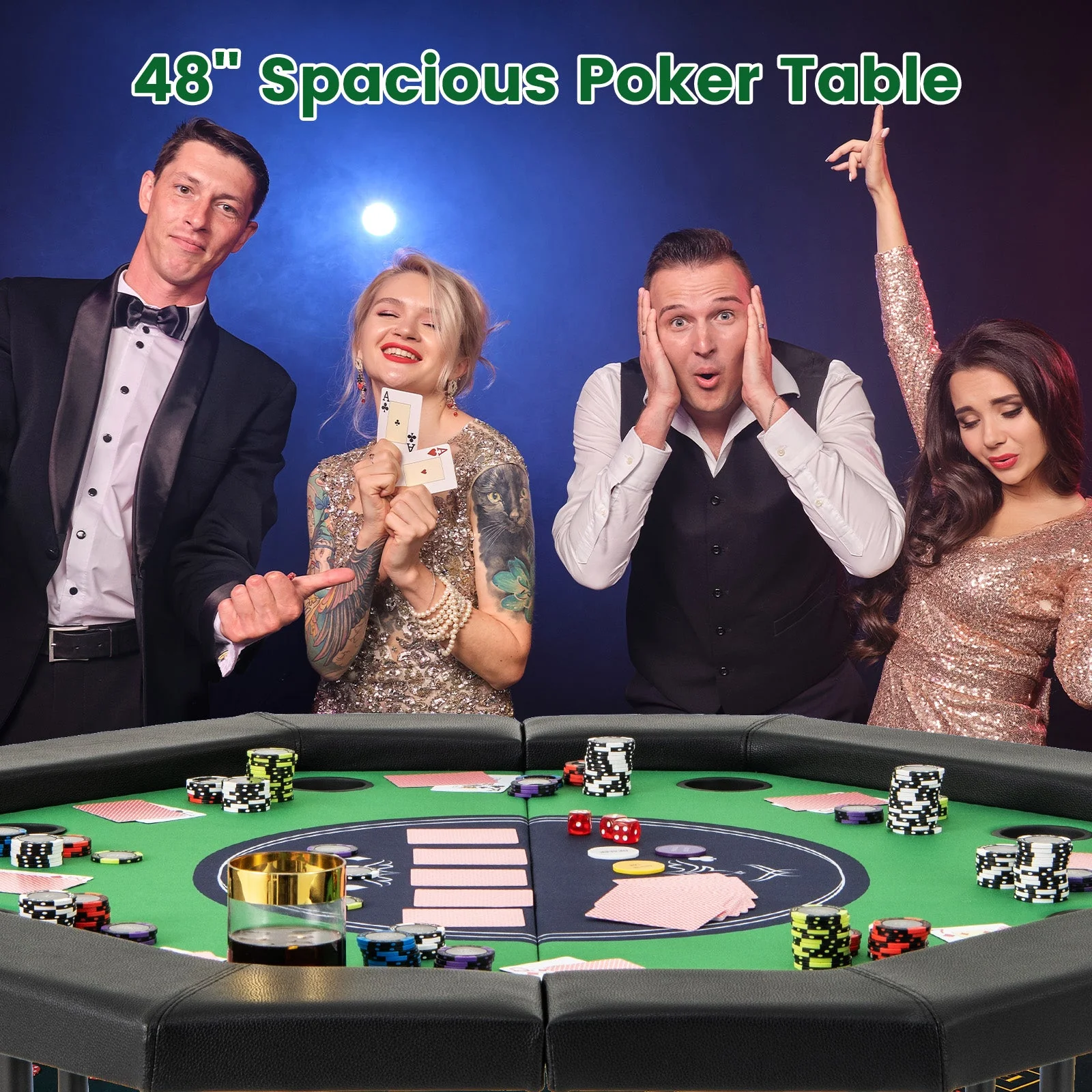 48 Inches Foldable Poker Table with Padded Rails and Cup Holders-Green - Image 5