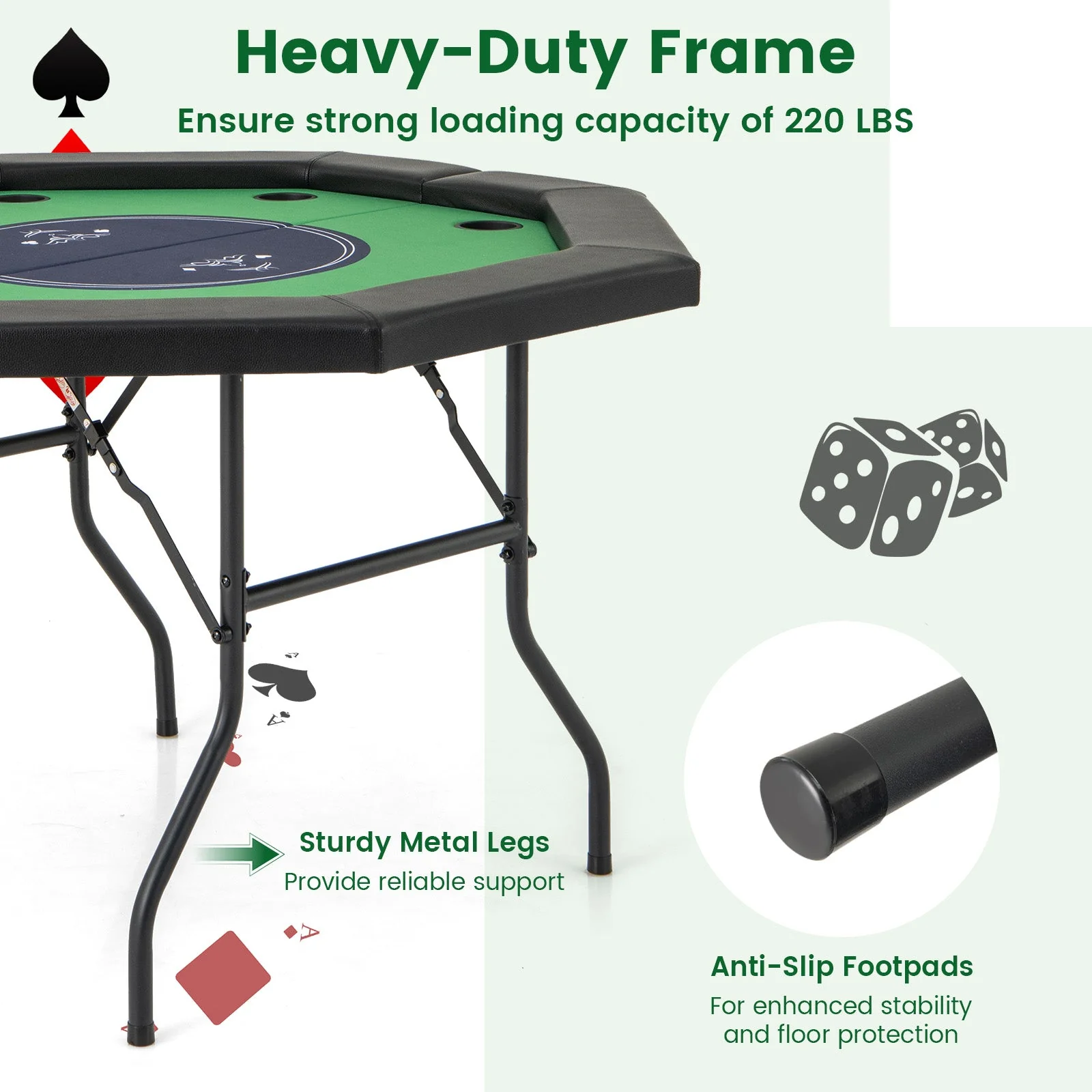 48 Inches Foldable Poker Table with Padded Rails and Cup Holders-Green - Image 6