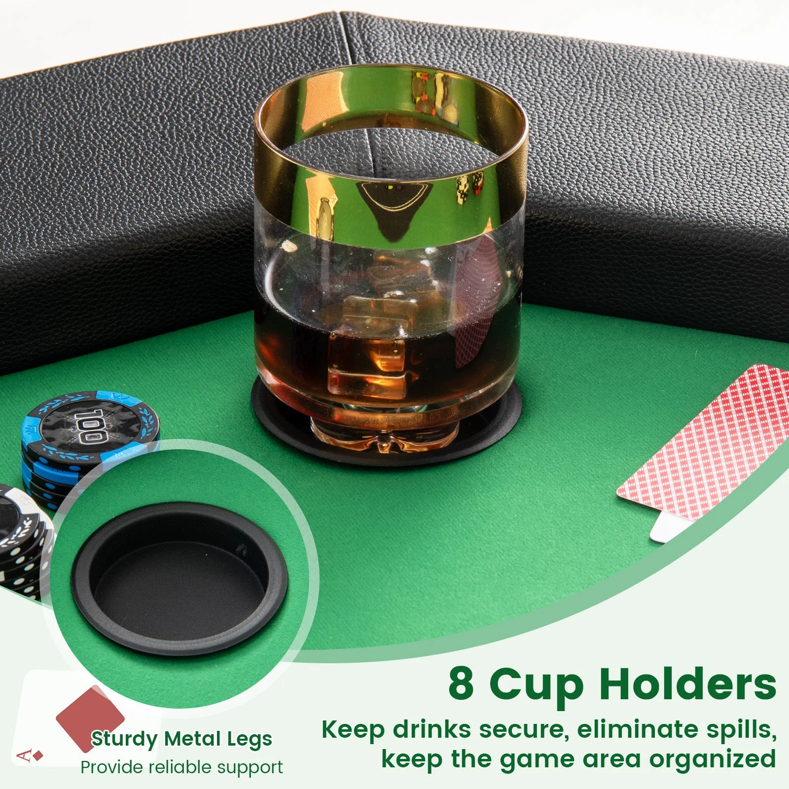 48 Inches Foldable Poker Table with Padded Rails and Cup Holders-Green - Image 7