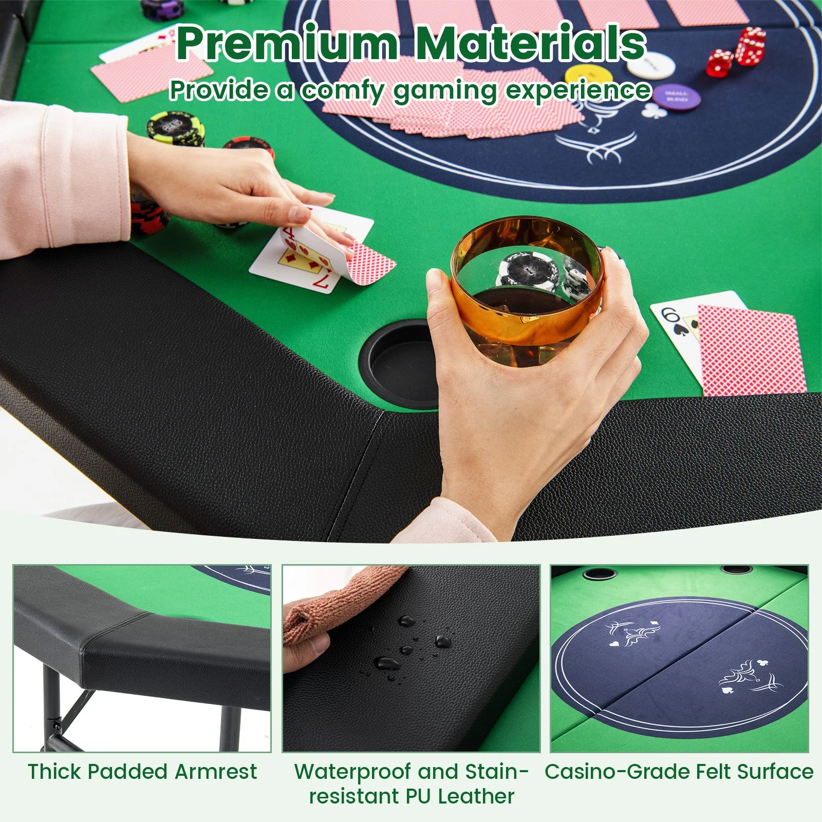 48 Inches Foldable Poker Table with Padded Rails and Cup Holders-Green - Image 8