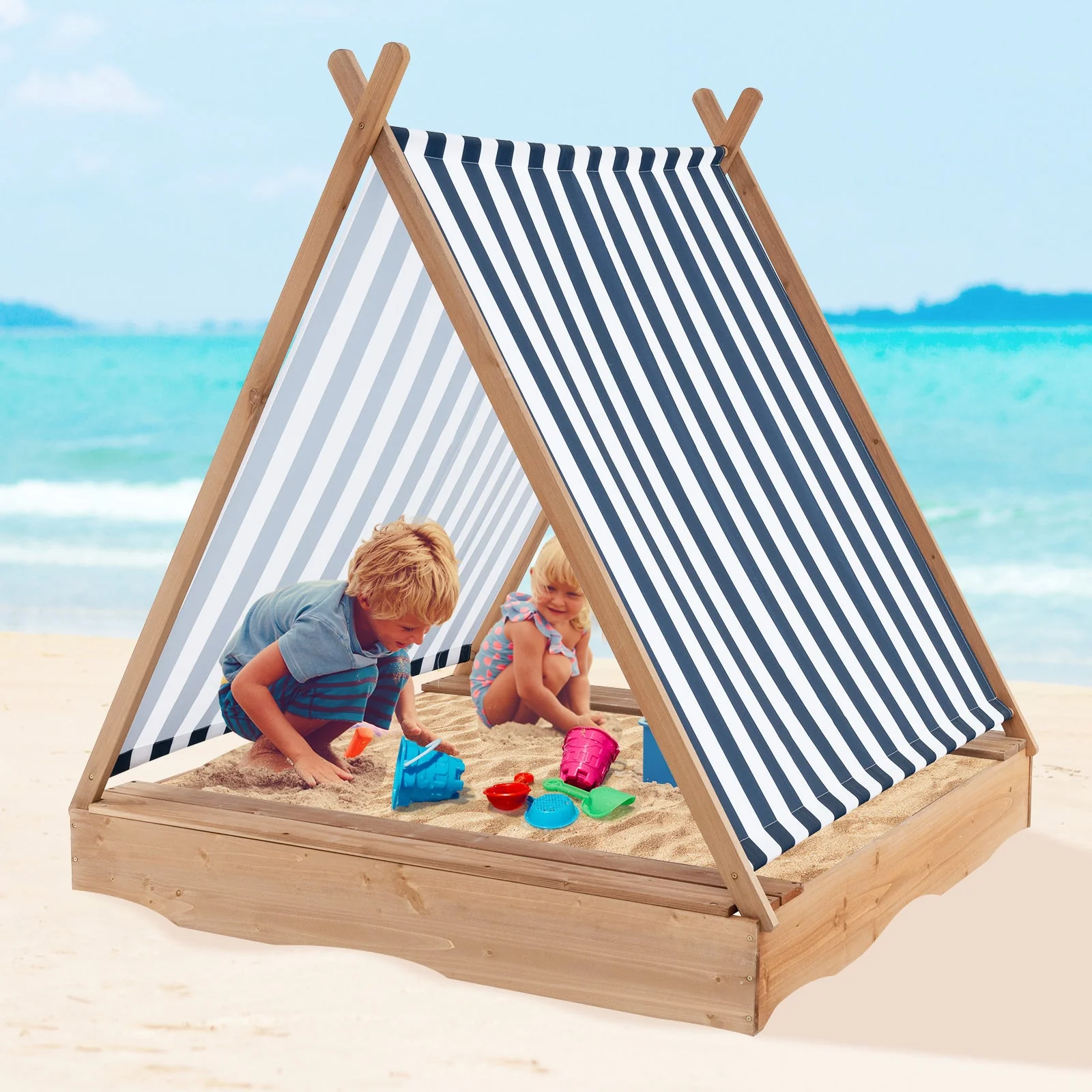 49 x 48 Inch Kids Wooden Sandbox with Cover and 2 Bench Seats - Image 2