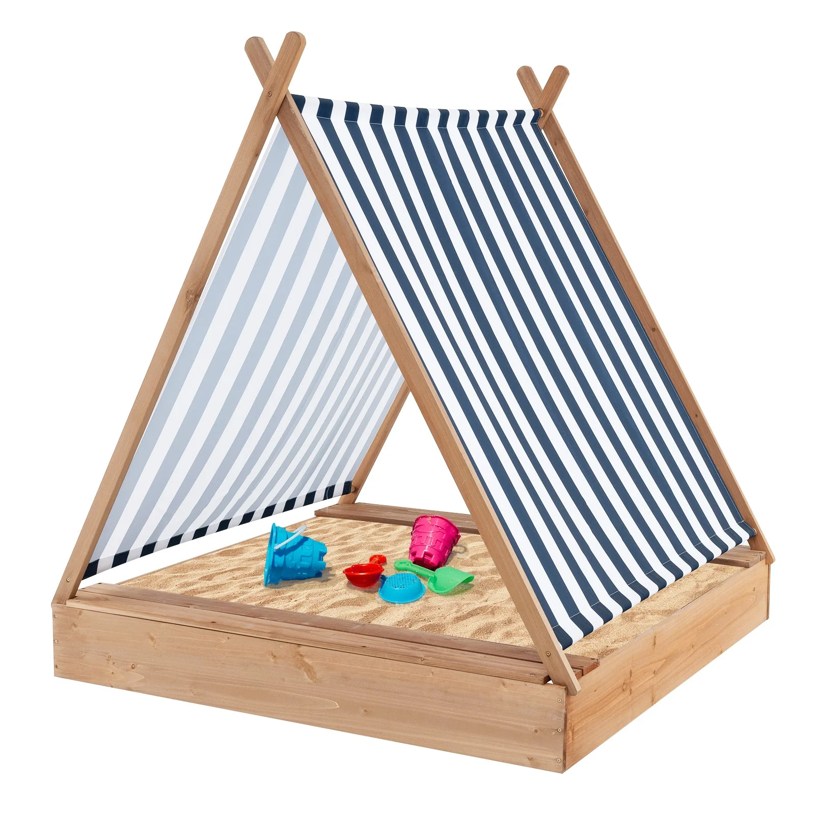 49 x 48 Inch Kids Wooden Sandbox with Cover and 2 Bench Seats - Image 3