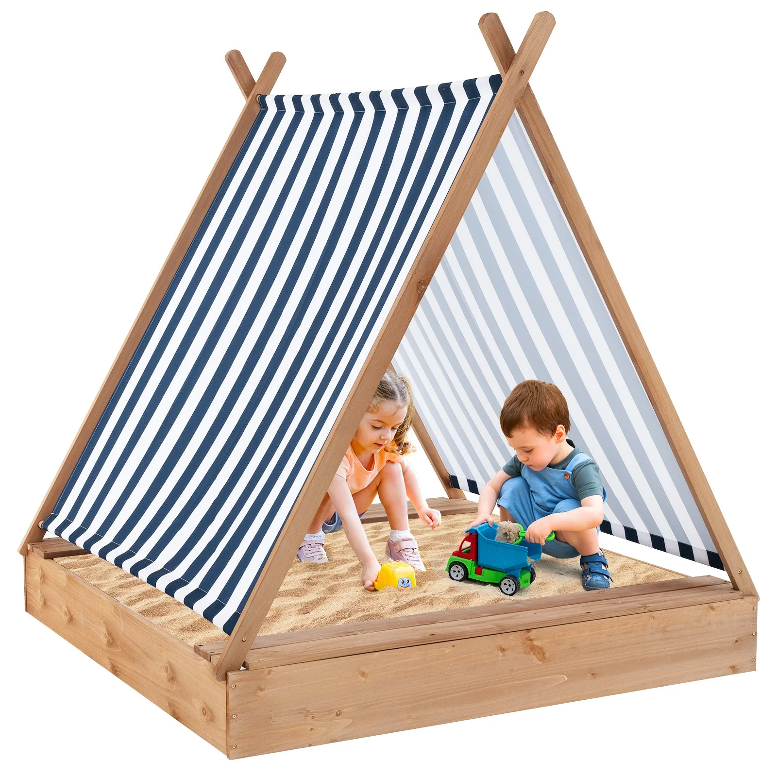 49 x 48 Inch Kids Wooden Sandbox with Cover and 2 Bench Seats - Image 4