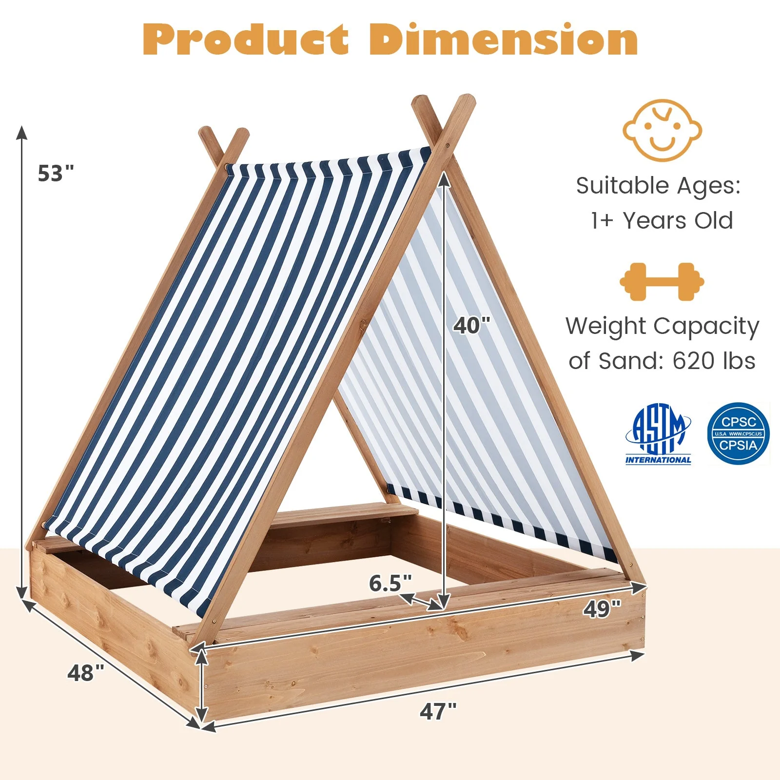 49 x 48 Inch Kids Wooden Sandbox with Cover and 2 Bench Seats - Image 5