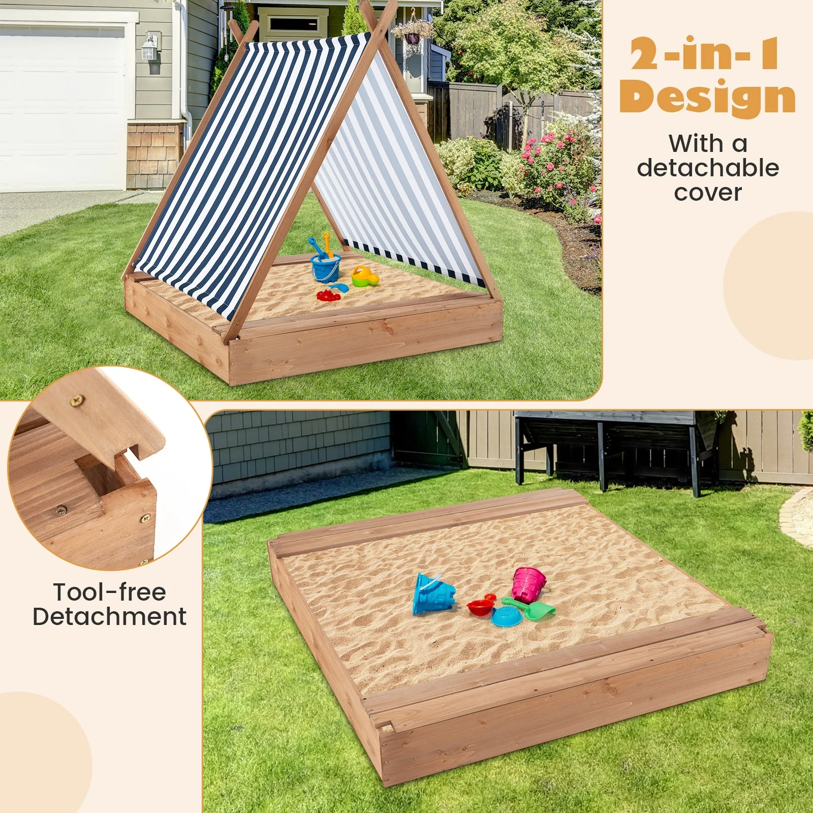 49 x 48 Inch Kids Wooden Sandbox with Cover and 2 Bench Seats - Image 6