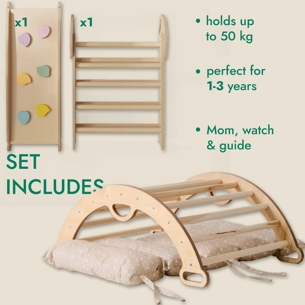 4in1 Montessori Climbing Set: Pikler Triangle, Arch, Slide Board, and Cushion for Toddlers (1–3 Years) - Image 2