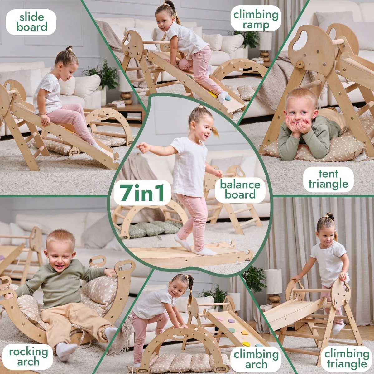 4in1 Montessori Climbing Set: Pikler Triangle, Arch, Slide Board, and Cushion for Toddlers (1–3 Years) - Image 7