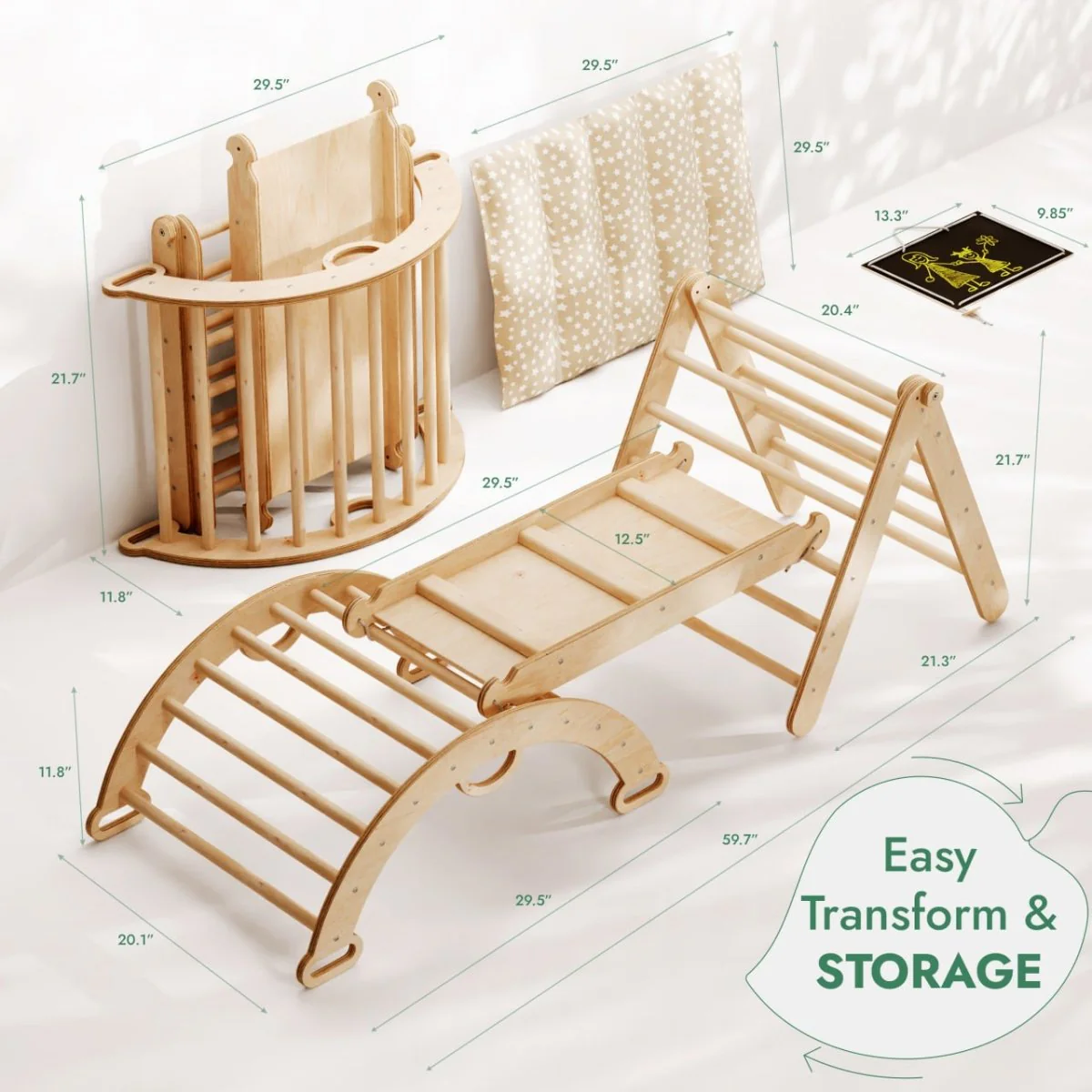 4in1 Montessori Climbing Set: Triangle Ladder + Climbing Arch + Slide Board + Cushion (1-3 y.o) - Image 2