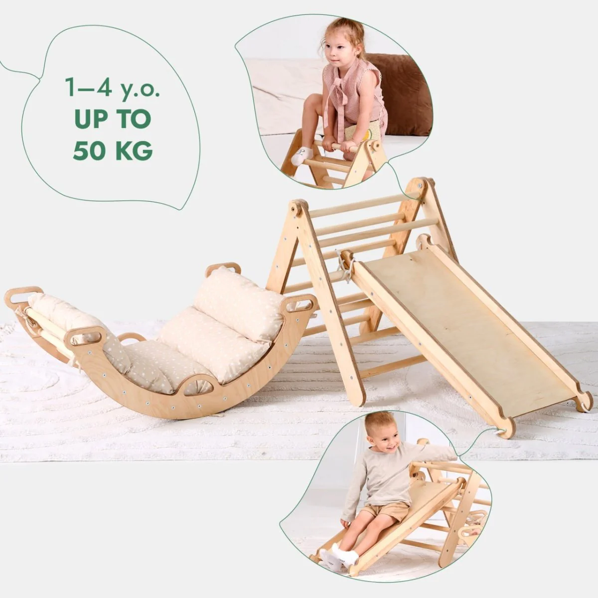 4in1 Montessori Climbing Set: Triangle Ladder + Climbing Arch + Slide Board + Cushion (1-3 y.o) - Image 4