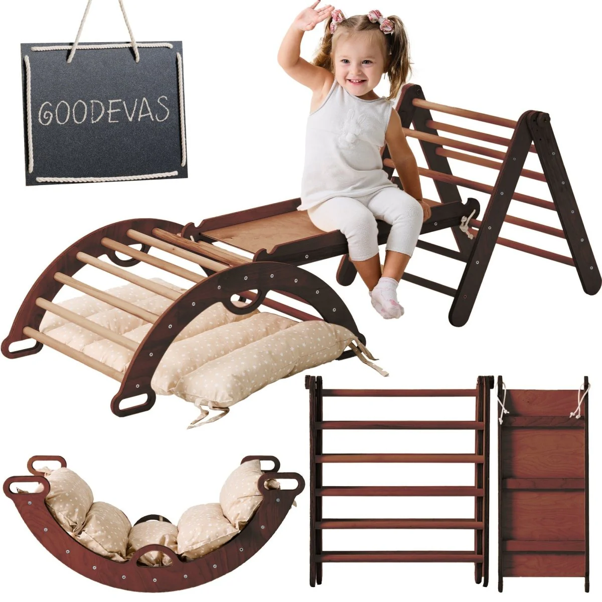 4in1 Montessori Climbing Set: Triangle Ladder + Climbing Arch + Slide Board + Cushion (1-3 y.o) - Image 9