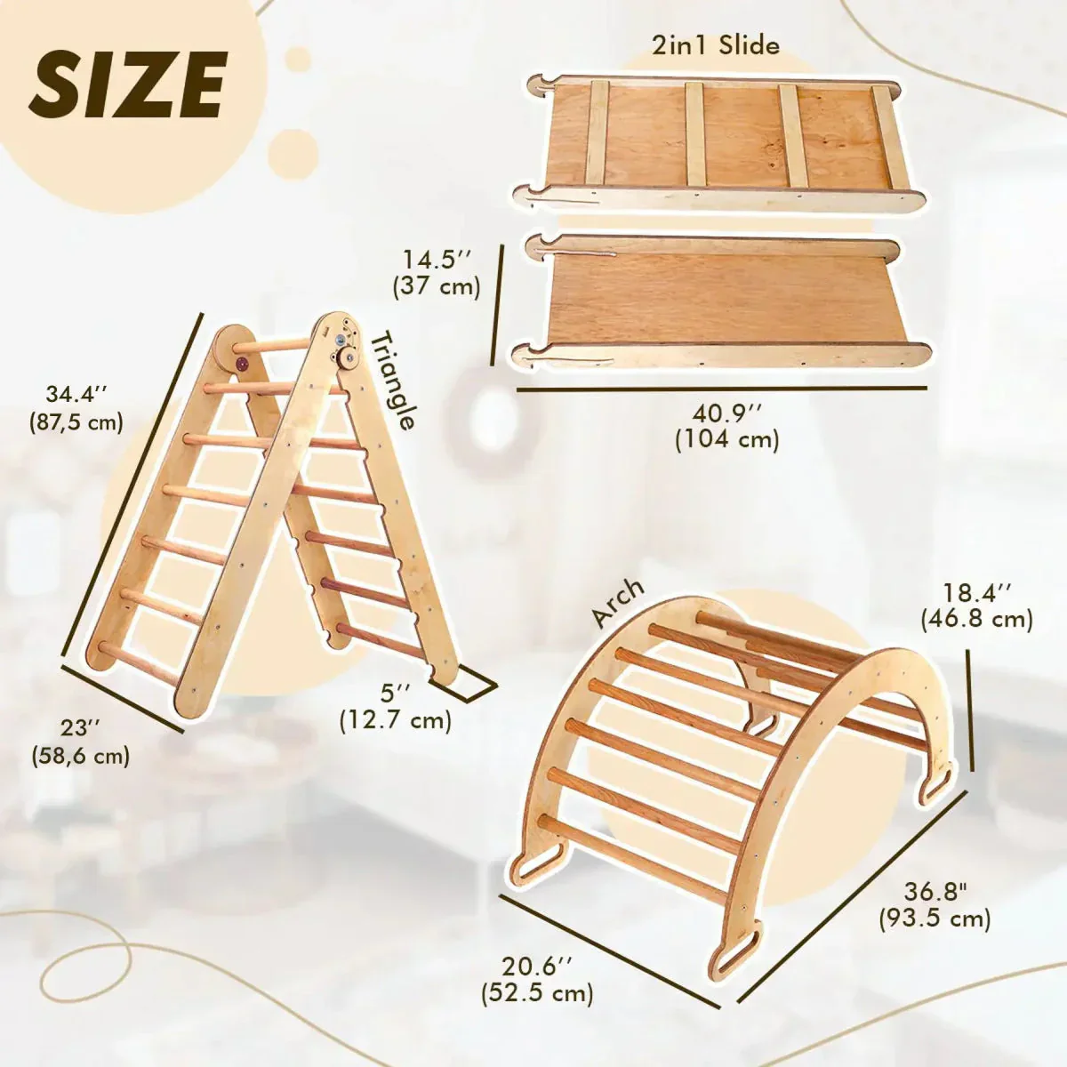 4in1 Montessori Climbing Set: Triangle Ladder + Climbing Arch + Slide Board & Cushion – Beige - Image 2