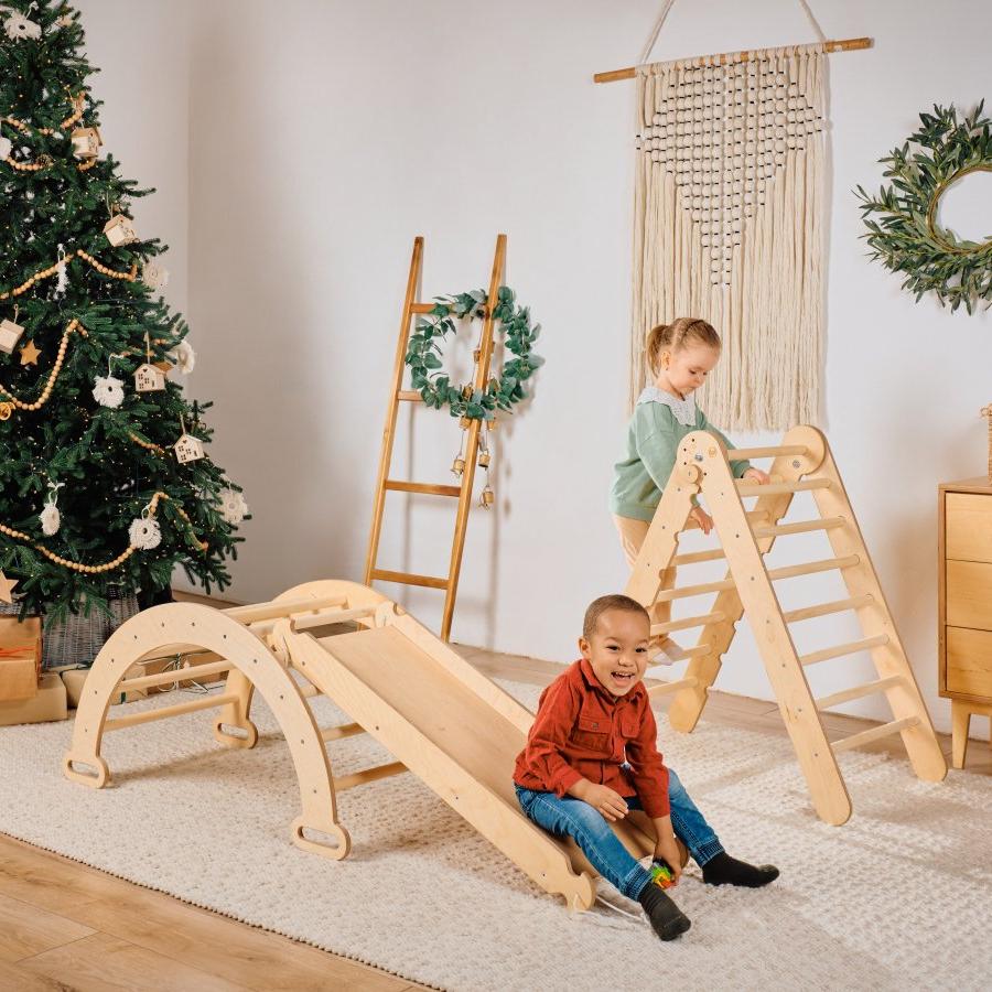 4in1 Montessori Climbing Set: Triangle Ladder + Climbing Arch + Slide Board & Cushion – Beige - Image 7