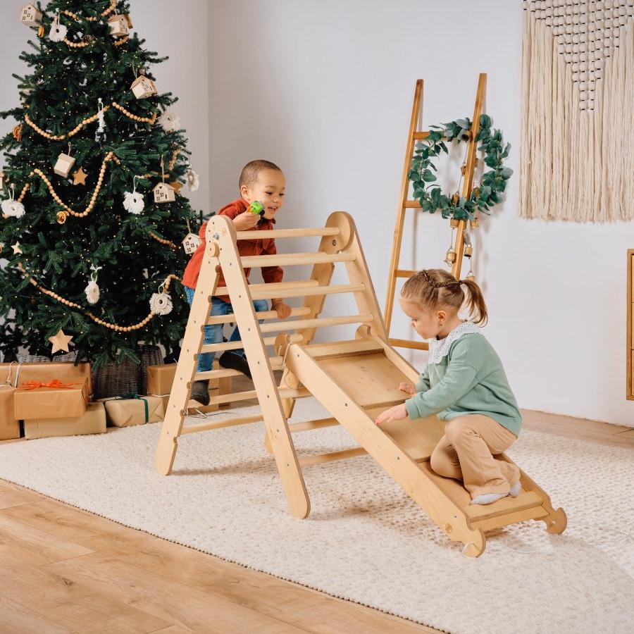 4in1 Montessori Climbing Set: Triangle Ladder + Climbing Arch + Slide Board & Cushion – Beige - Image 8