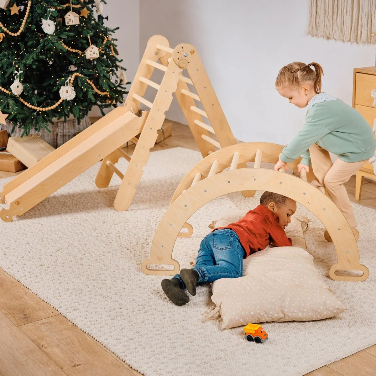 4in1 Montessori Climbing Set: Triangle Ladder + Climbing Arch + Slide Board & Cushion – Beige - Image 9