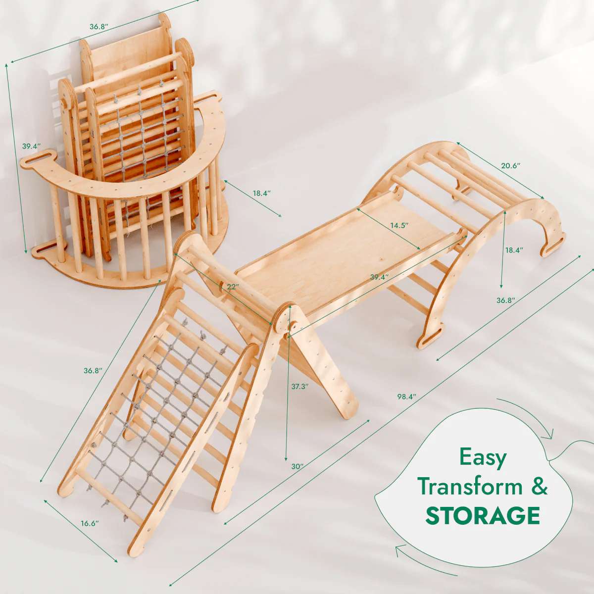 4in1 Montessori Climbing Set: Triangle Ladder + Climbing Arch + Slide Board + Net – Beige - Image 2