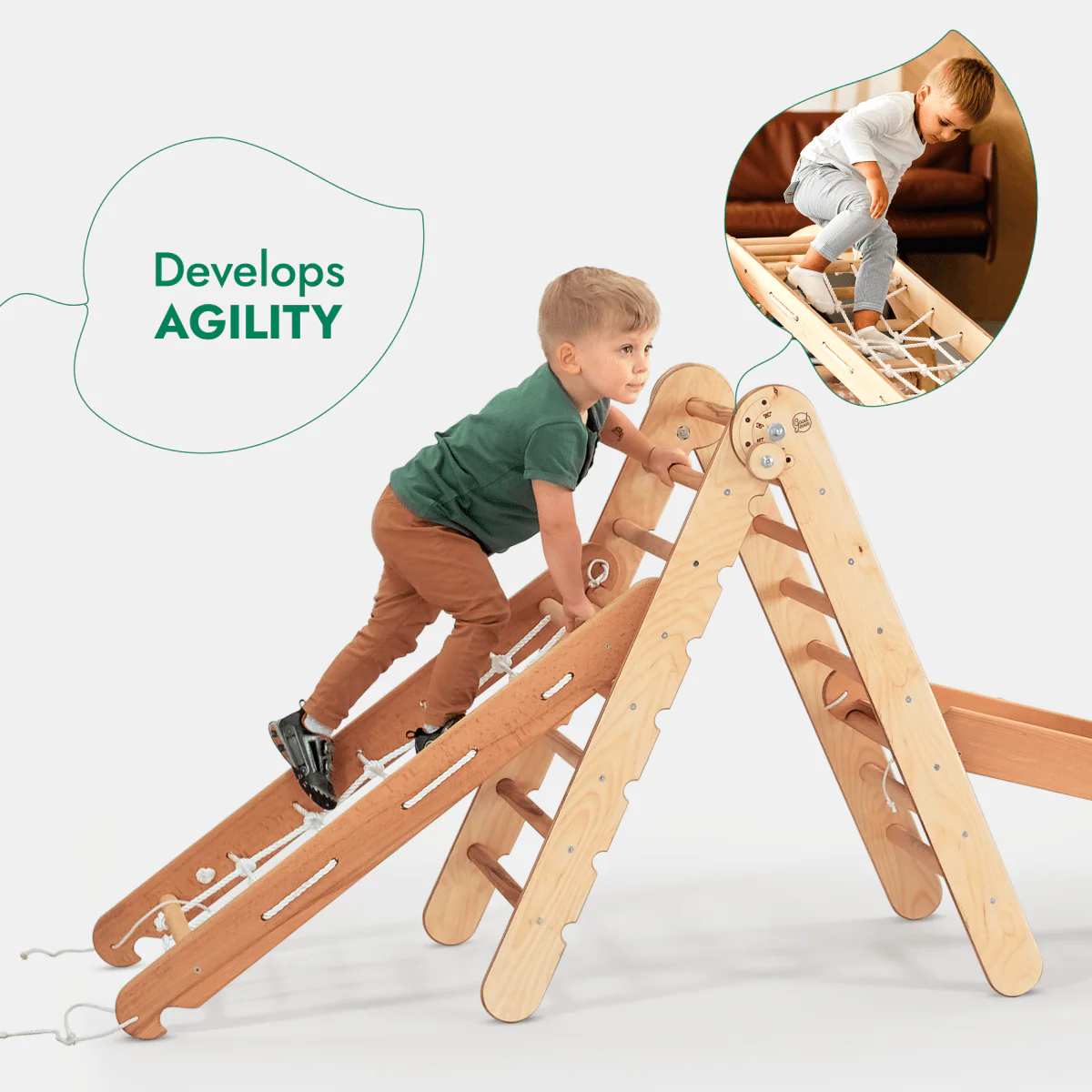 4in1 Montessori Climbing Set: Triangle Ladder + Climbing Arch + Slide Board + Net – Beige - Image 3