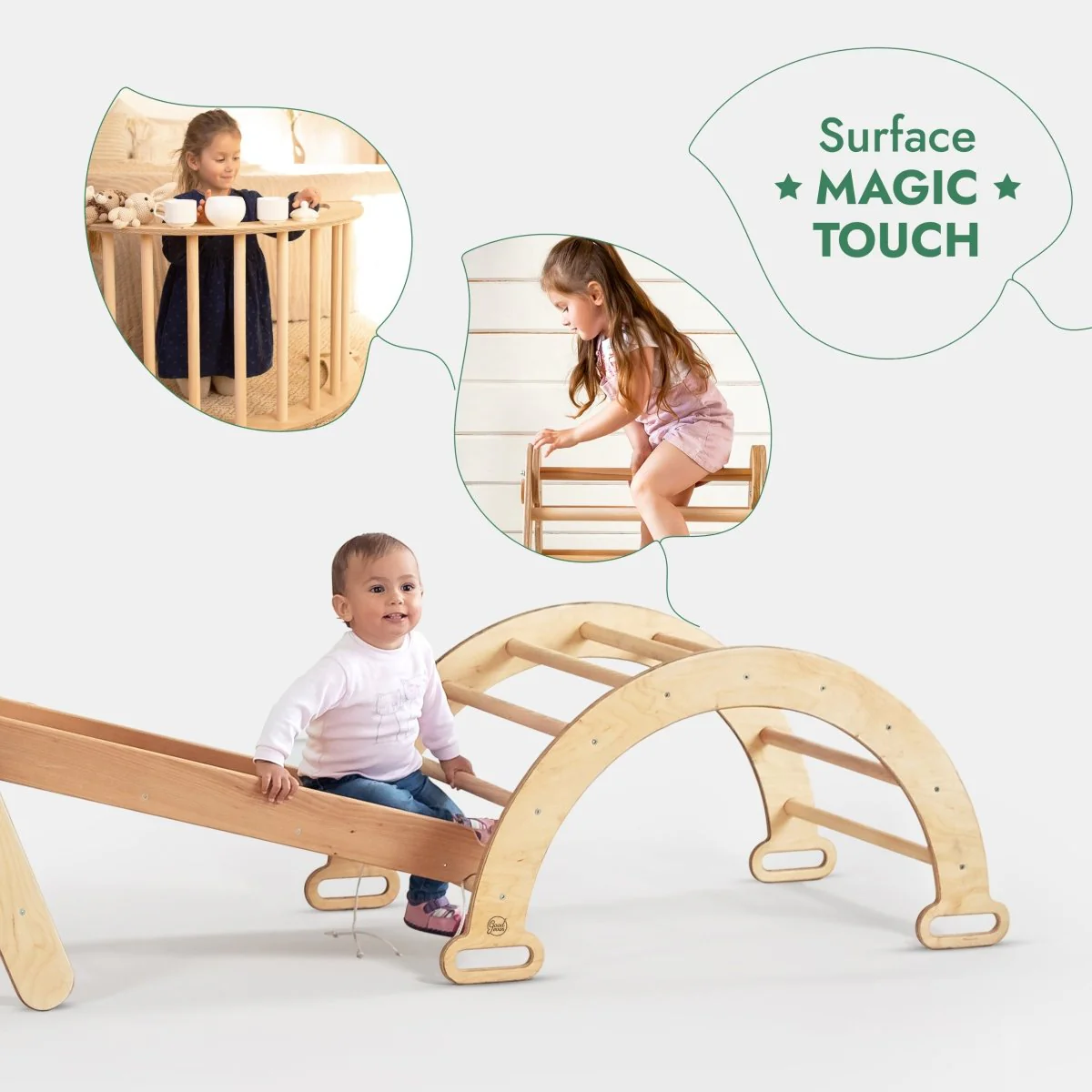 4in1 Montessori Climbing Set: Triangle Ladder + Climbing Arch + Slide Board + Net – Beige - Image 4
