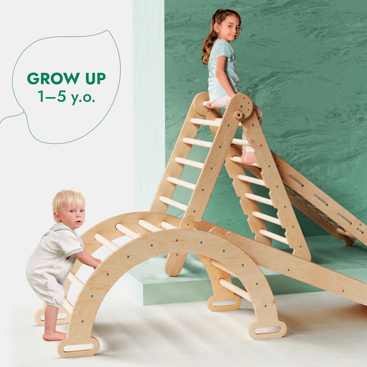 4in1 Montessori Climbing Set: Triangle Ladder + Climbing Arch + Slide Board + Net – Beige - Image 5