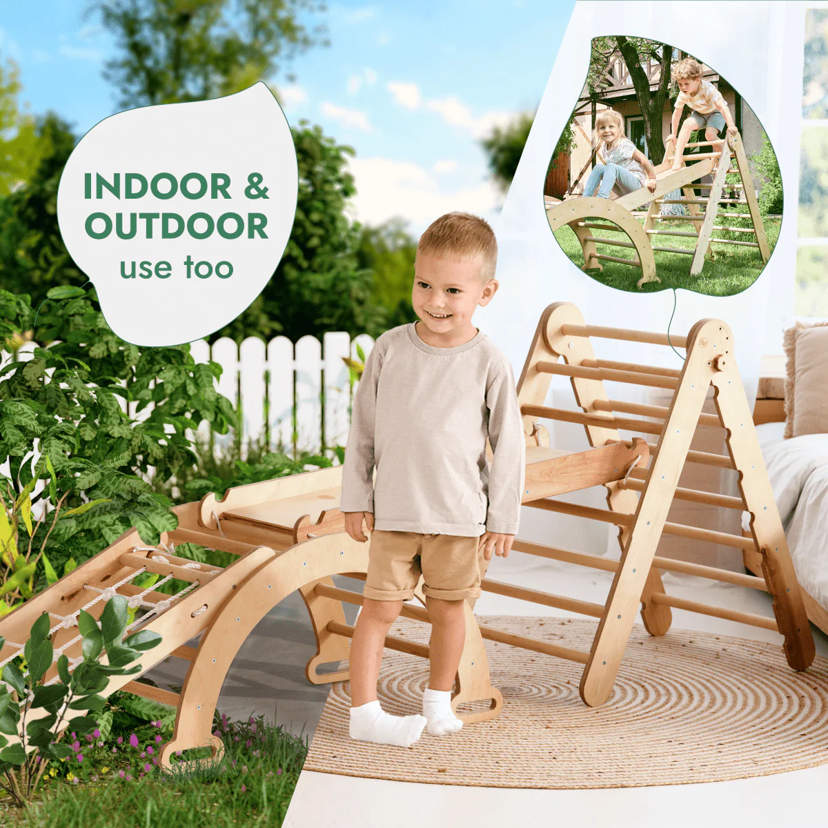 4in1 Montessori Climbing Set: Triangle Ladder + Climbing Arch + Slide Board + Net – Beige - Image 7